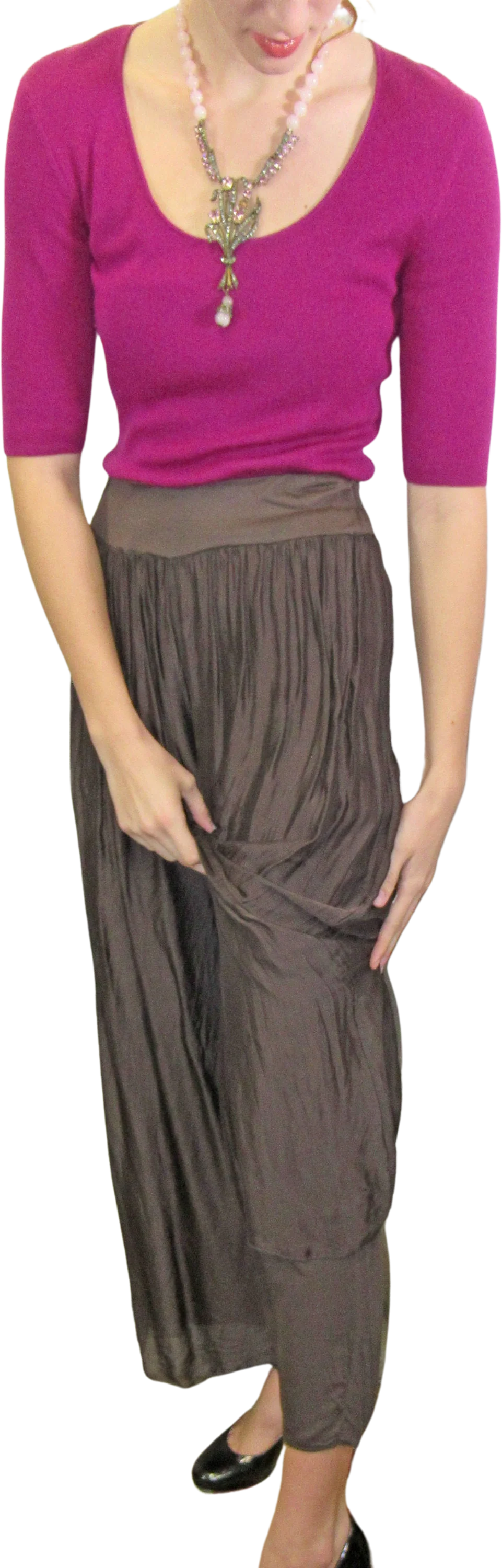 S/m 2 Layer Pants Elastic 26 To 36 Inch Waist, Belle France Design, Viscose/silk Chocolate Brown Fabric, Flat Front, Long, Made In Italy