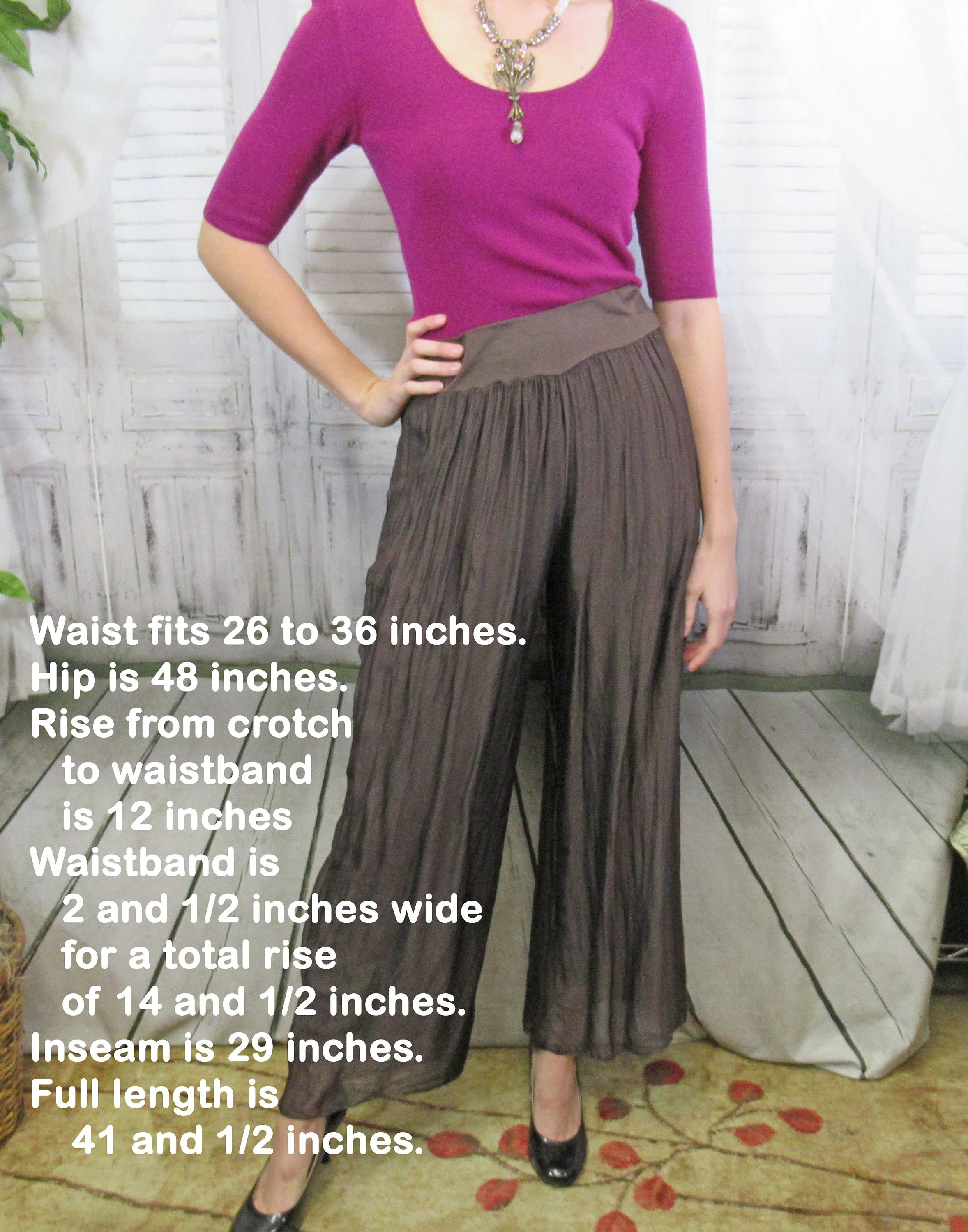S/m 2 Layer Pants Elastic 26 To 36 Inch Waist, Belle France Design, Viscose/silk Chocolate Brown Fabric, Flat Front, Long, Made In Italy - Image 4