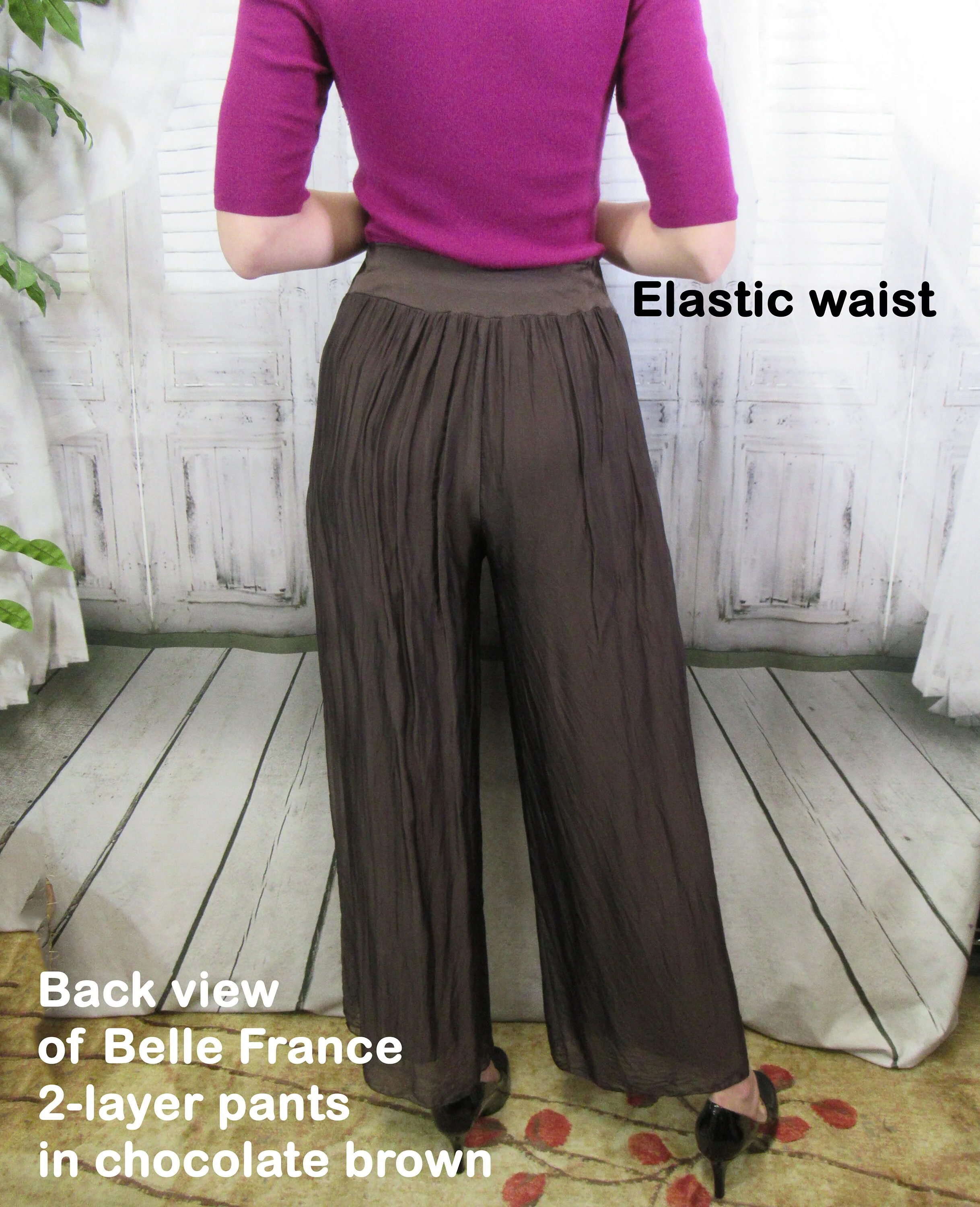 S/m 2 Layer Pants Elastic 26 To 36 Inch Waist, Belle France Design, Viscose/silk Chocolate Brown Fabric, Flat Front, Long, Made In Italy - Image 8