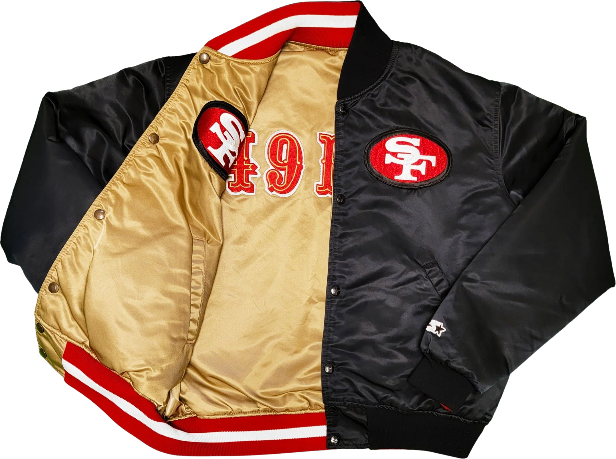 San Francisco 49ers Vintage 80s Starter Reversible Satin Bomber Jacket Two Coats Golden and Black Size L by Starter
