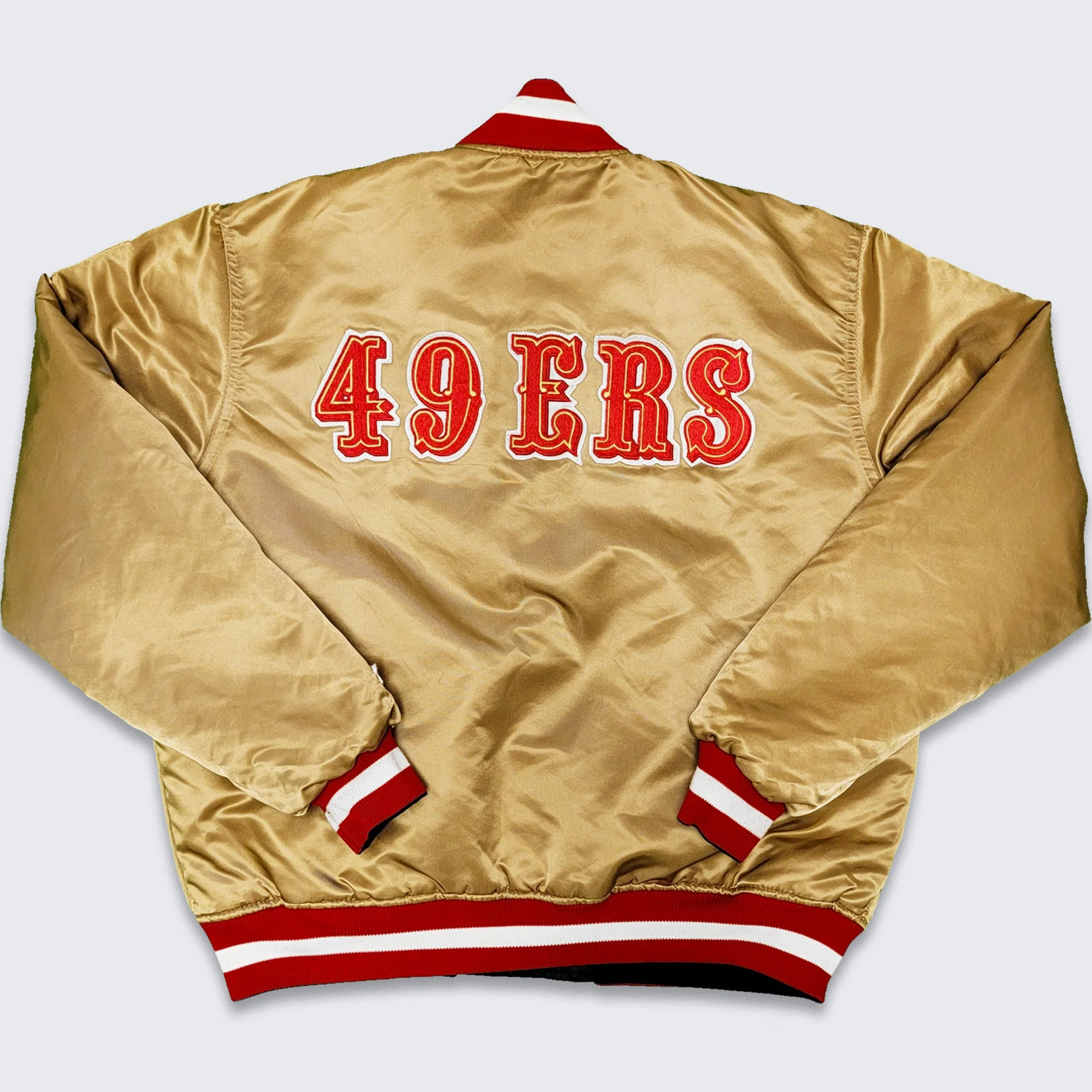 San Francisco 49ers Vintage 80s Starter Reversible Satin Bomber Jacket Two Coats Golden and Black Size L by Starter - Image 5