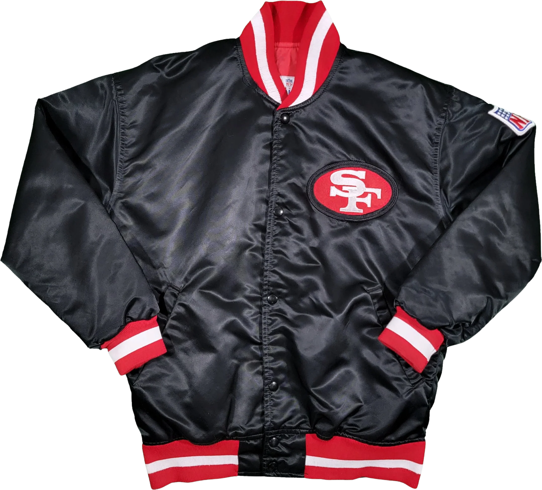 San Francisco 49ers Vintage 80s Starter Satin Bomber Jacket Nfl Football Black Red Coat Size L by Starter