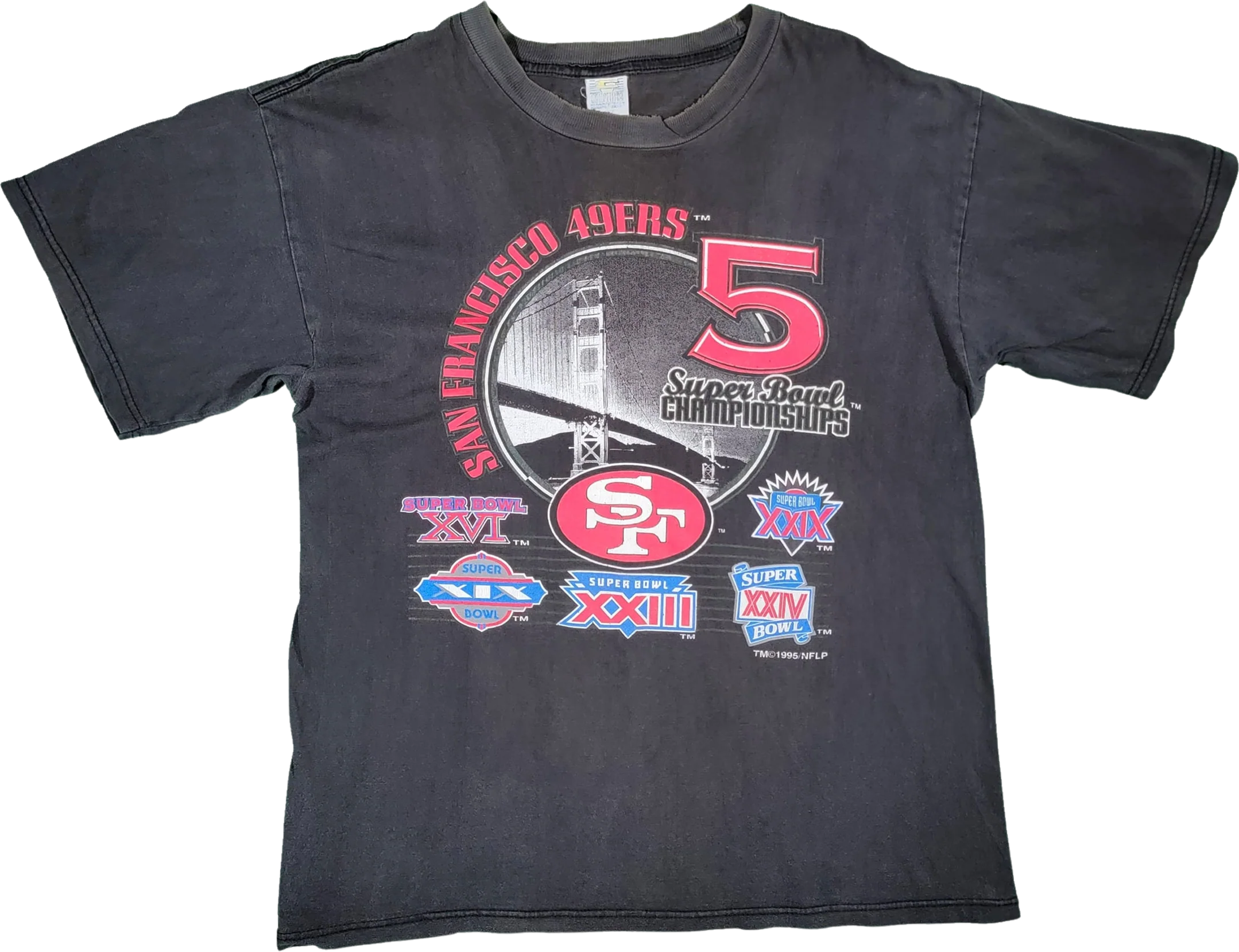 San Francisco 49ers Vintage 90s 5 Super Bowl Championship T-Shirt Very Worn Competitor Black Golden Gate Bridge