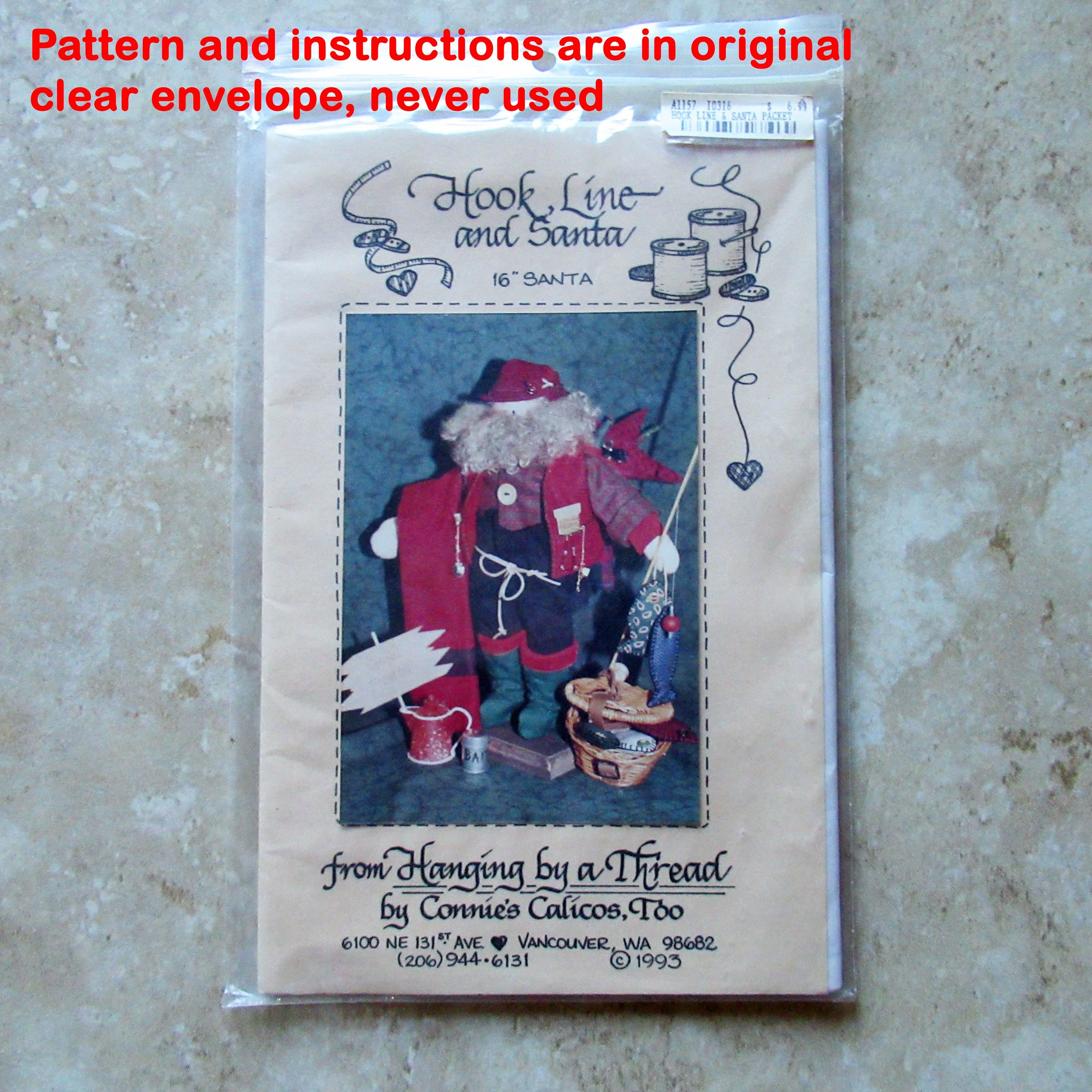 Santa Pattern Hook Line and Santa 16 Inch 1993 Connie's Calicos Too Hanging by a Thread Santa Gone Fishing Uncut/complete Made In Usa - Image 6
