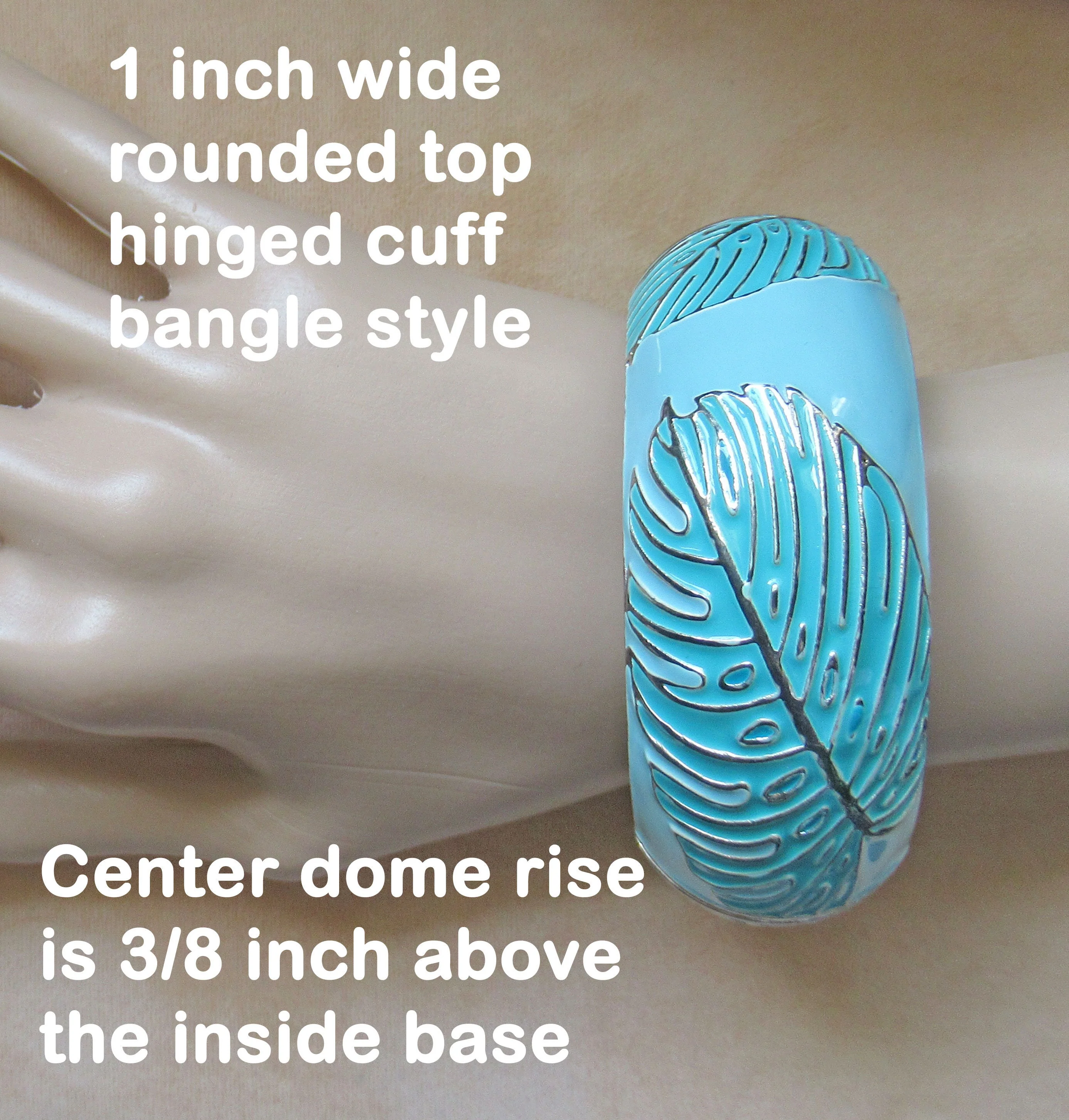Saquir Hinged Bangle Cuff Bracelet Pastel Teal Green Enamel with Raised Silver Tone Edge Leaf Design 1 Inch Wide Best Fit 7. 5 Inch Wrist - Image 3