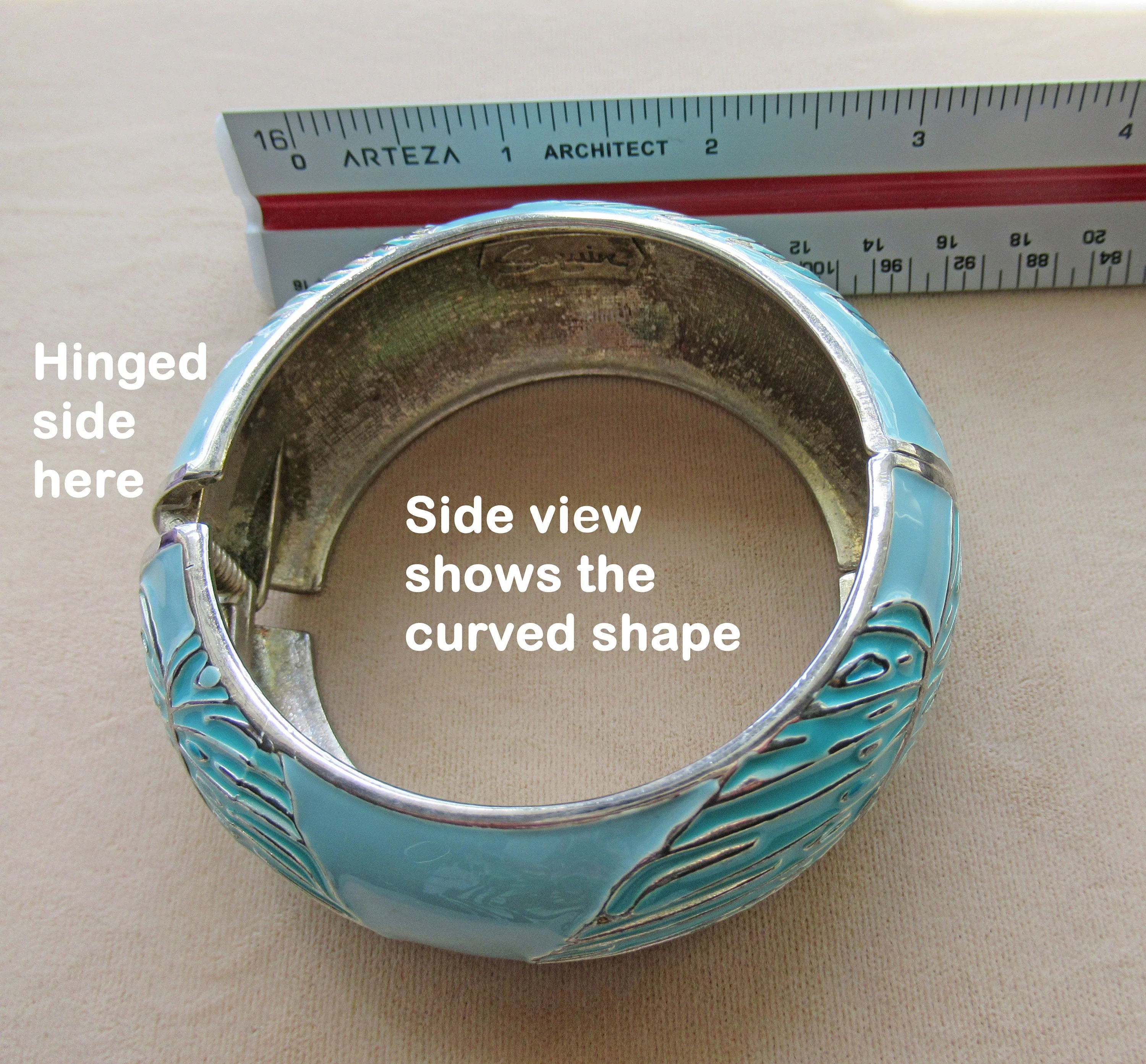 Saquir Hinged Bangle Cuff Bracelet Pastel Teal Green Enamel with Raised Silver Tone Edge Leaf Design 1 Inch Wide Best Fit 7. 5 Inch Wrist - Image 4