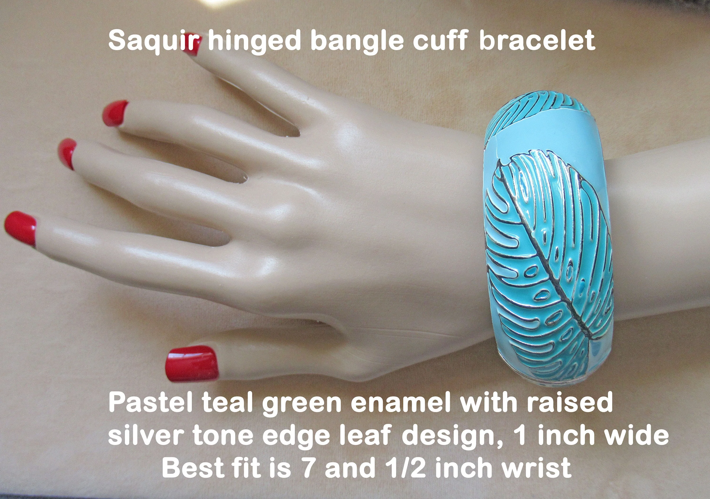 Saquir Hinged Bangle Cuff Bracelet Pastel Teal Green Enamel with Raised Silver Tone Edge Leaf Design 1 Inch Wide Best Fit 7. 5 Inch Wrist - Image 5