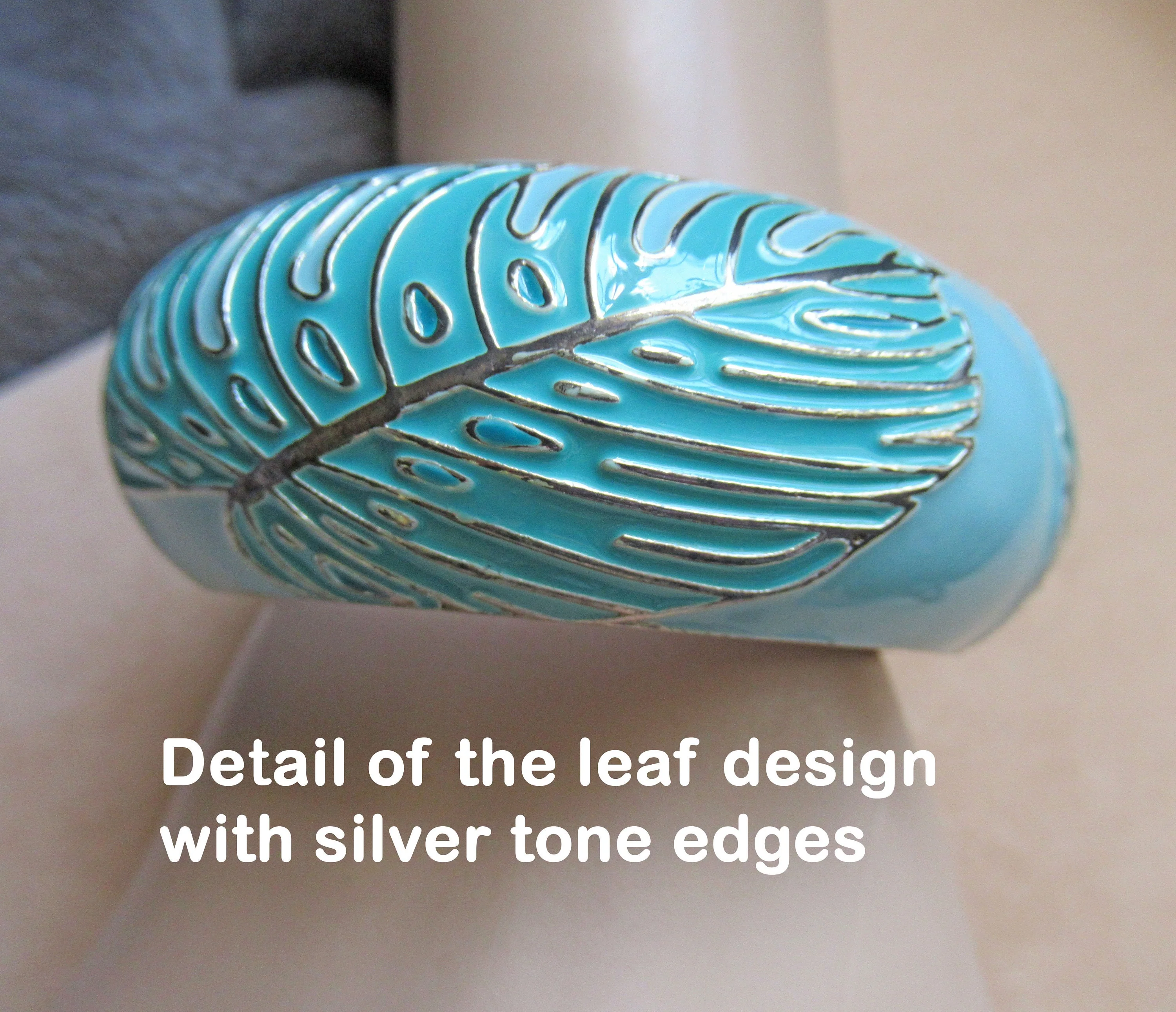 Saquir Hinged Bangle Cuff Bracelet Pastel Teal Green Enamel with Raised Silver Tone Edge Leaf Design 1 Inch Wide Best Fit 7. 5 Inch Wrist - Image 6