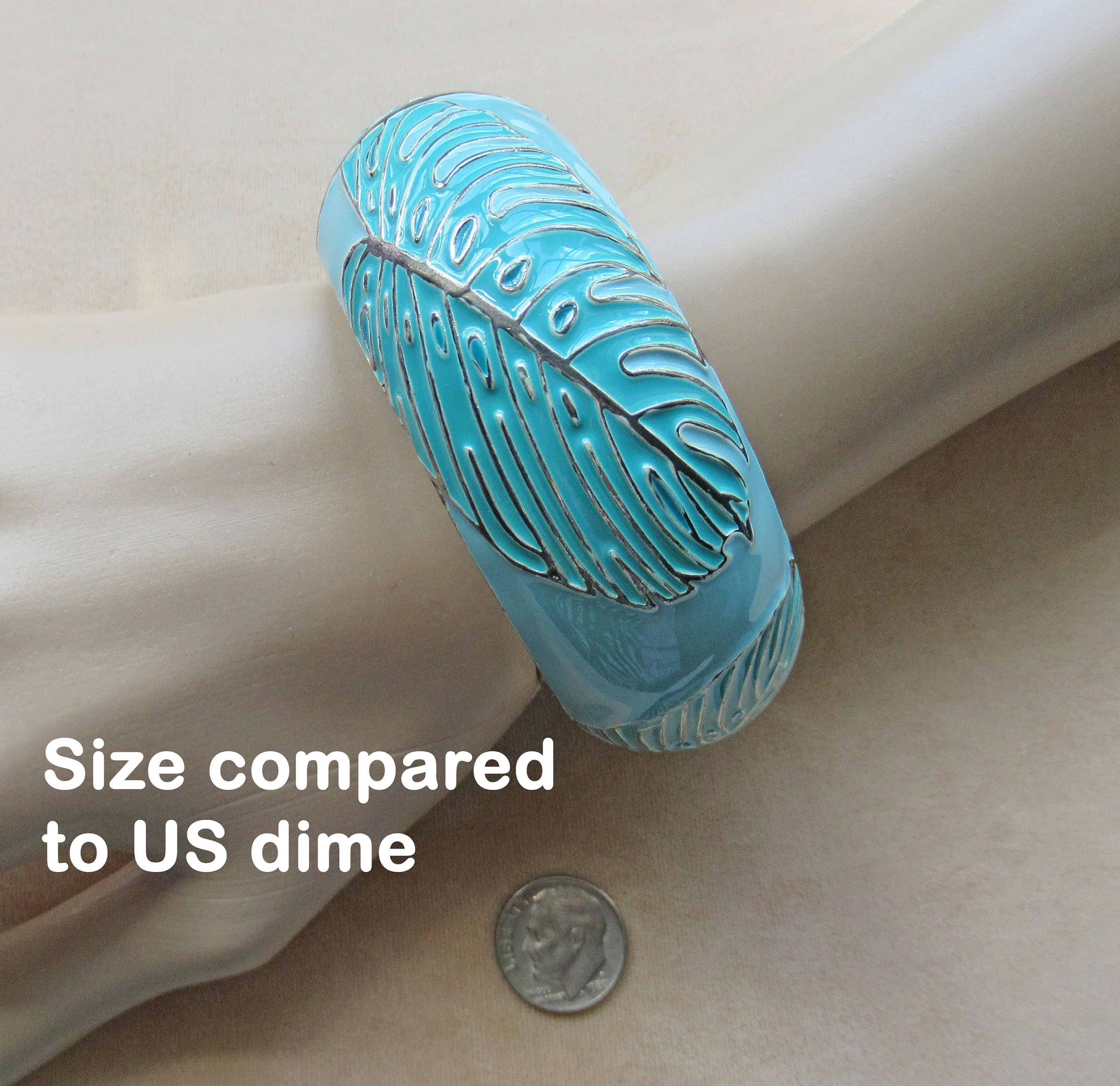 Saquir Hinged Bangle Cuff Bracelet Pastel Teal Green Enamel with Raised Silver Tone Edge Leaf Design 1 Inch Wide Best Fit 7. 5 Inch Wrist - Image 8