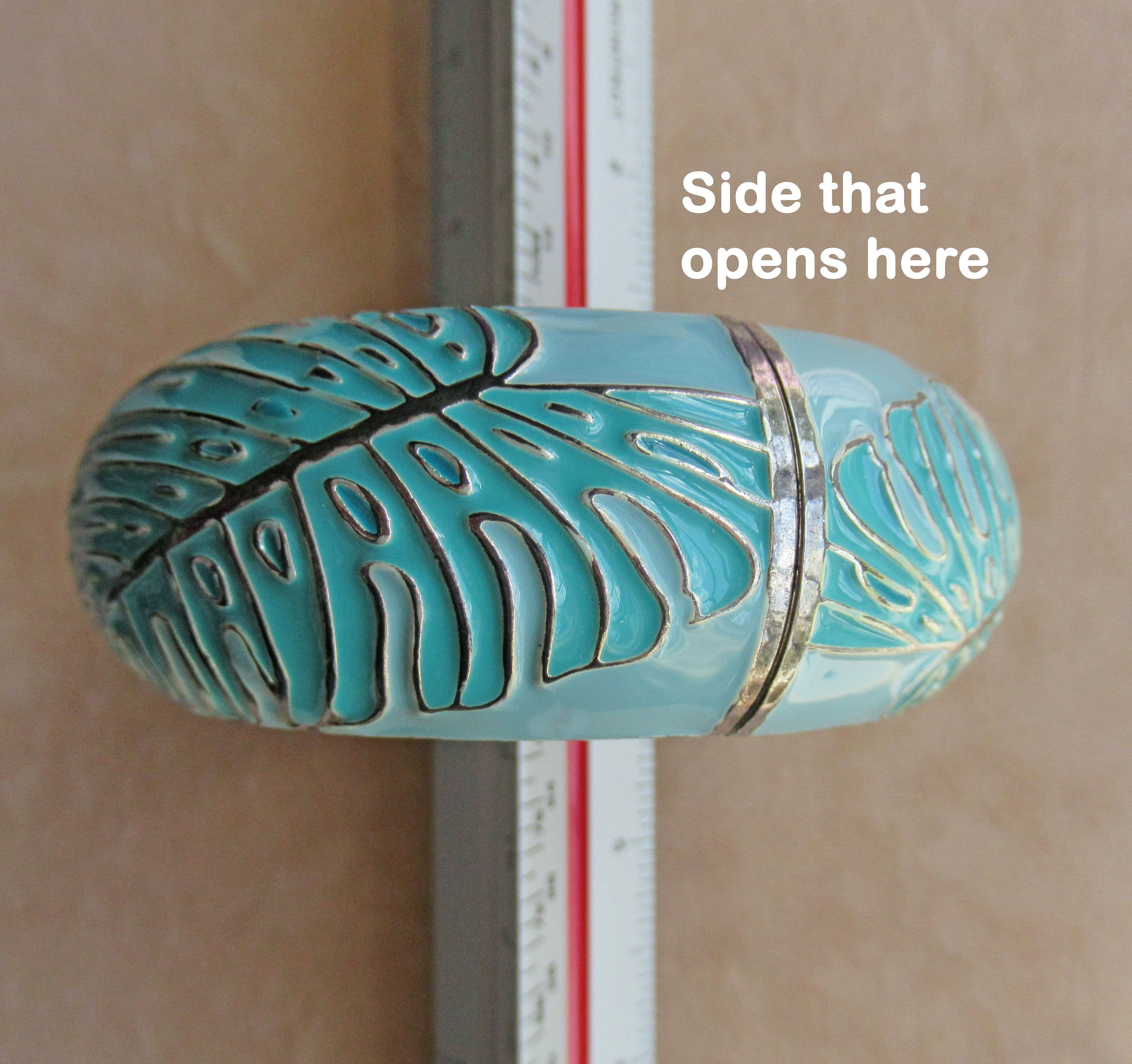 Saquir Hinged Bangle Cuff Bracelet Pastel Teal Green Enamel with Raised Silver Tone Edge Leaf Design 1 Inch Wide Best Fit 7. 5 Inch Wrist - Image 9