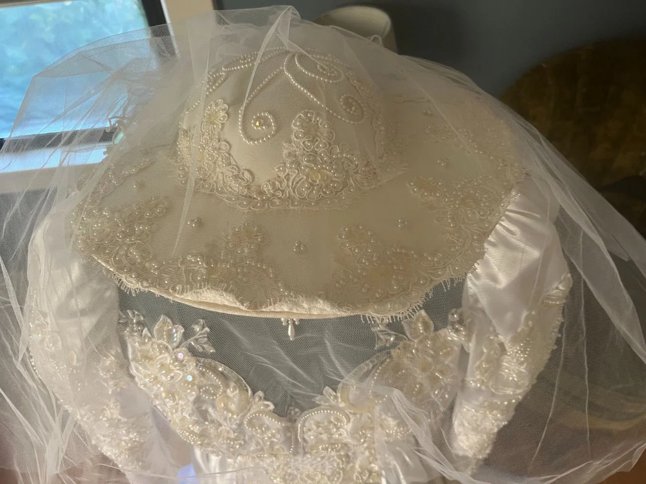 Satin Lace, Sequin and Bead Wedding Dress with Hat - Image 13