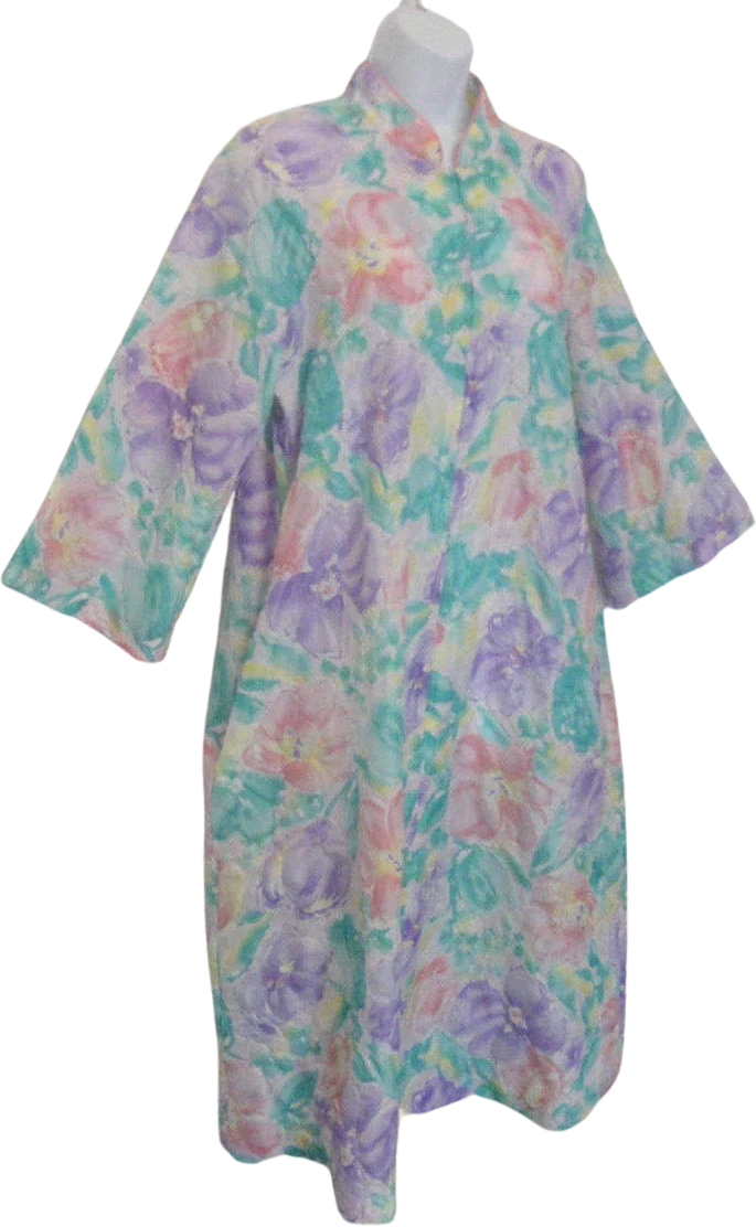 Saybury New York Robe Knee Length Polyester A-Line Pastel Floral Front Zip 70s Union Logo Pockets by Saybury New York