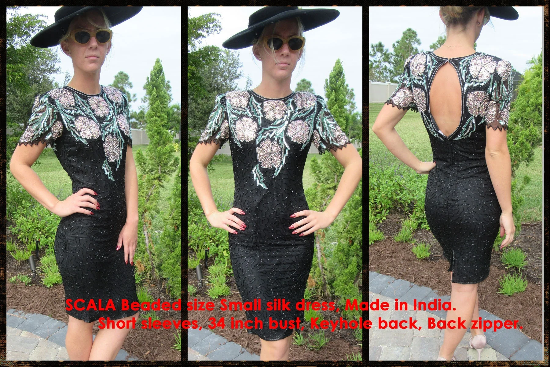 Scala Beaded Silk Dress Made In India Short Sleeve Keyhole Back Back Zipper Black Teal Gold Floral Top Vintage Small by Scala - Image 3