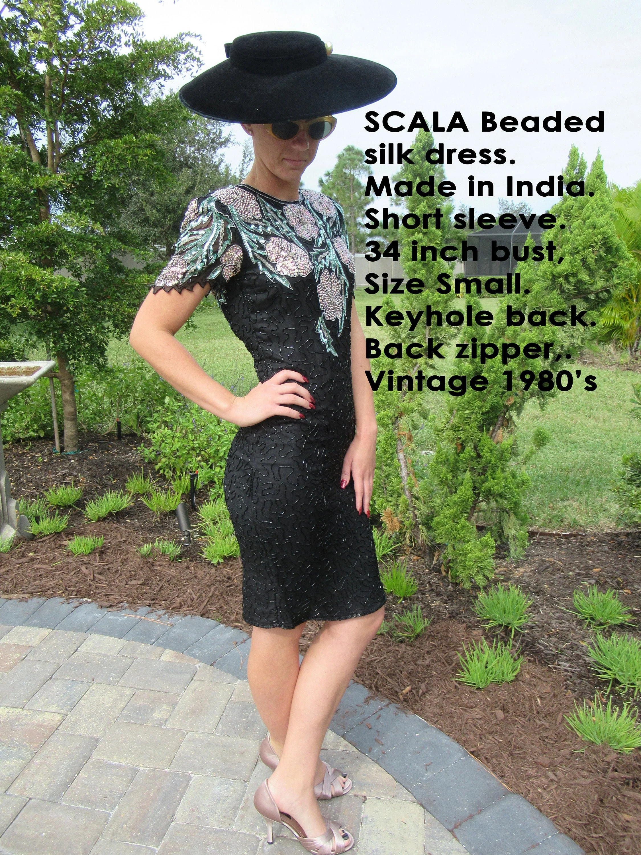 Scala Beaded Silk Dress Made In India Short Sleeve Keyhole Back Back Zipper Black Teal Gold Floral Top Vintage Small by Scala - Image 4