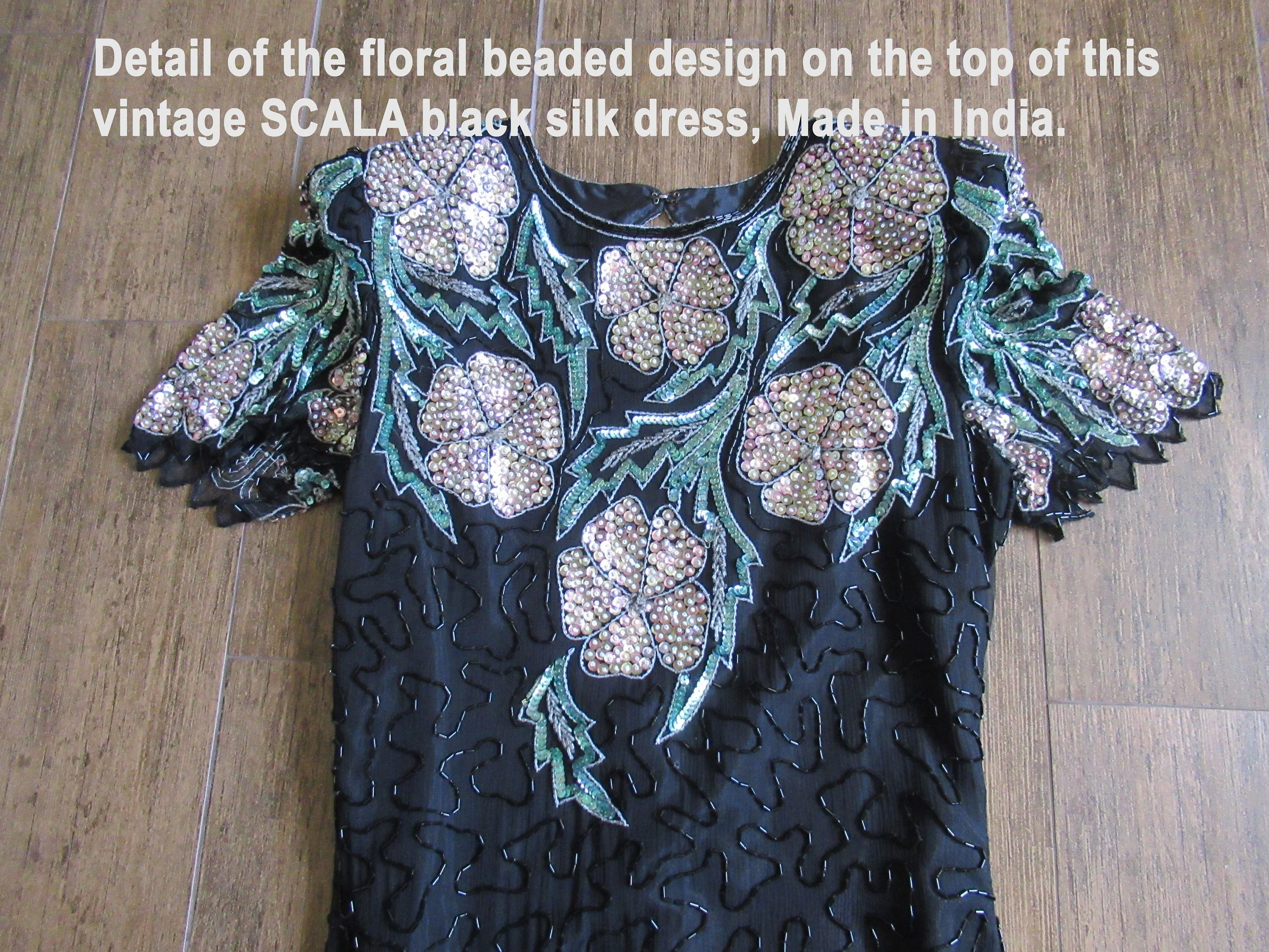Scala Beaded Silk Dress Made In India Short Sleeve Keyhole Back Back Zipper Black Teal Gold Floral Top Vintage Small by Scala - Image 9