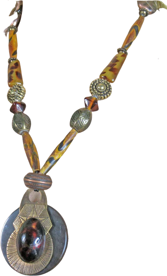 Scarab Pendant Necklace Mix of Natural Glass and Metal Beads In Brown Tones Lobster Claw Back Clasp
