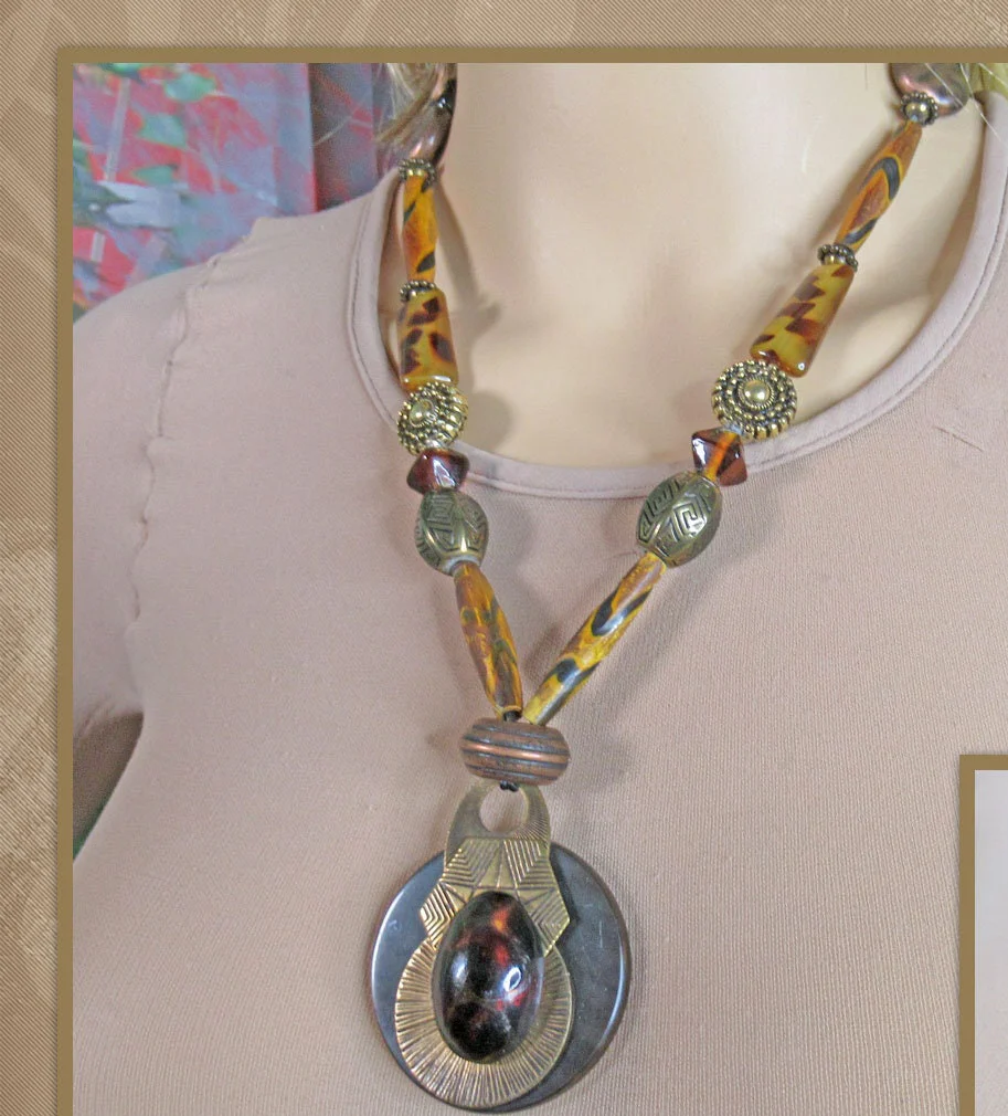 Scarab Pendant Necklace Mix of Natural Glass and Metal Beads In Brown Tones Lobster Claw Back Clasp - Image 3