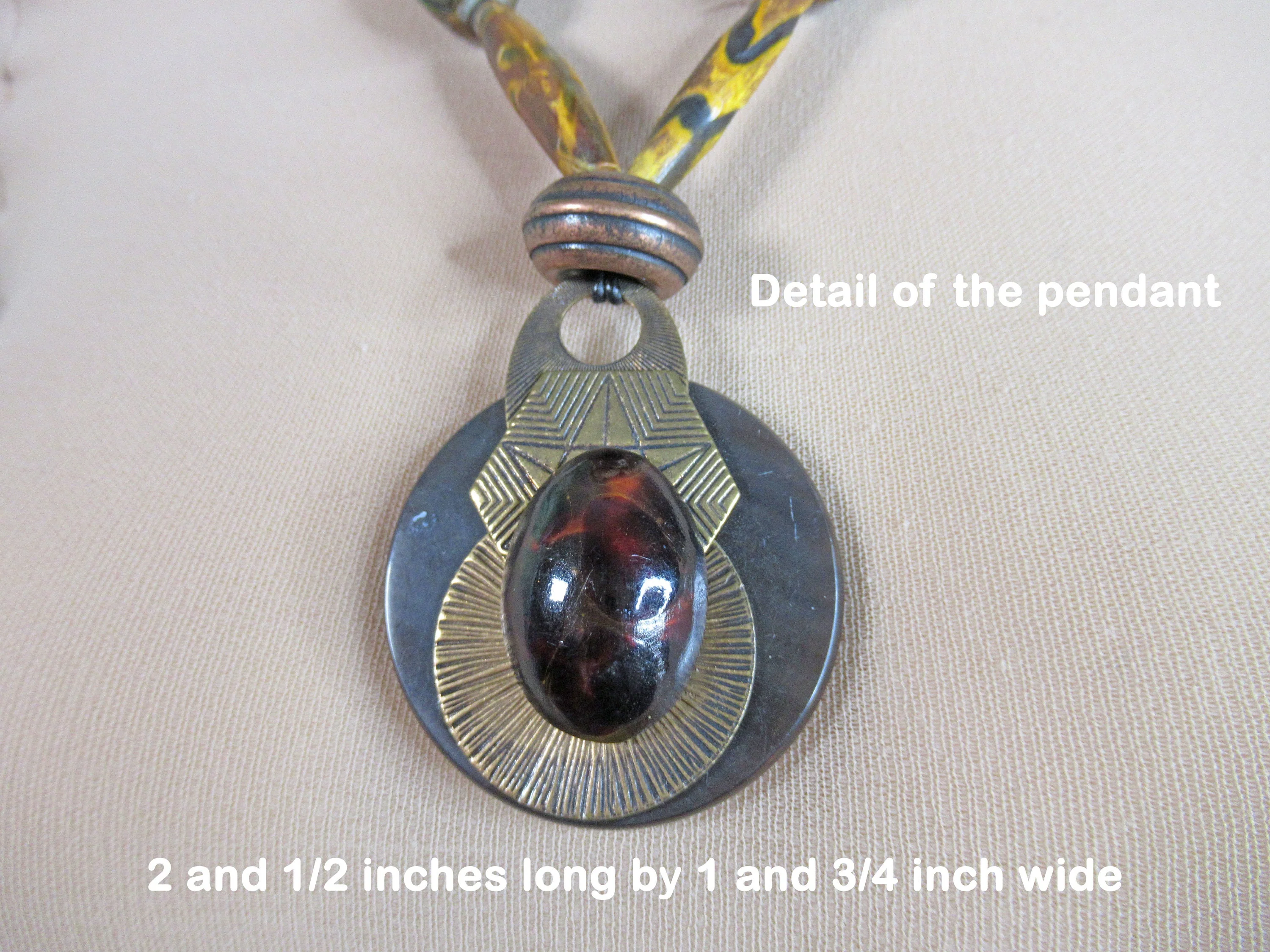 Scarab Pendant Necklace Mix of Natural Glass and Metal Beads In Brown Tones Lobster Claw Back Clasp - Image 5