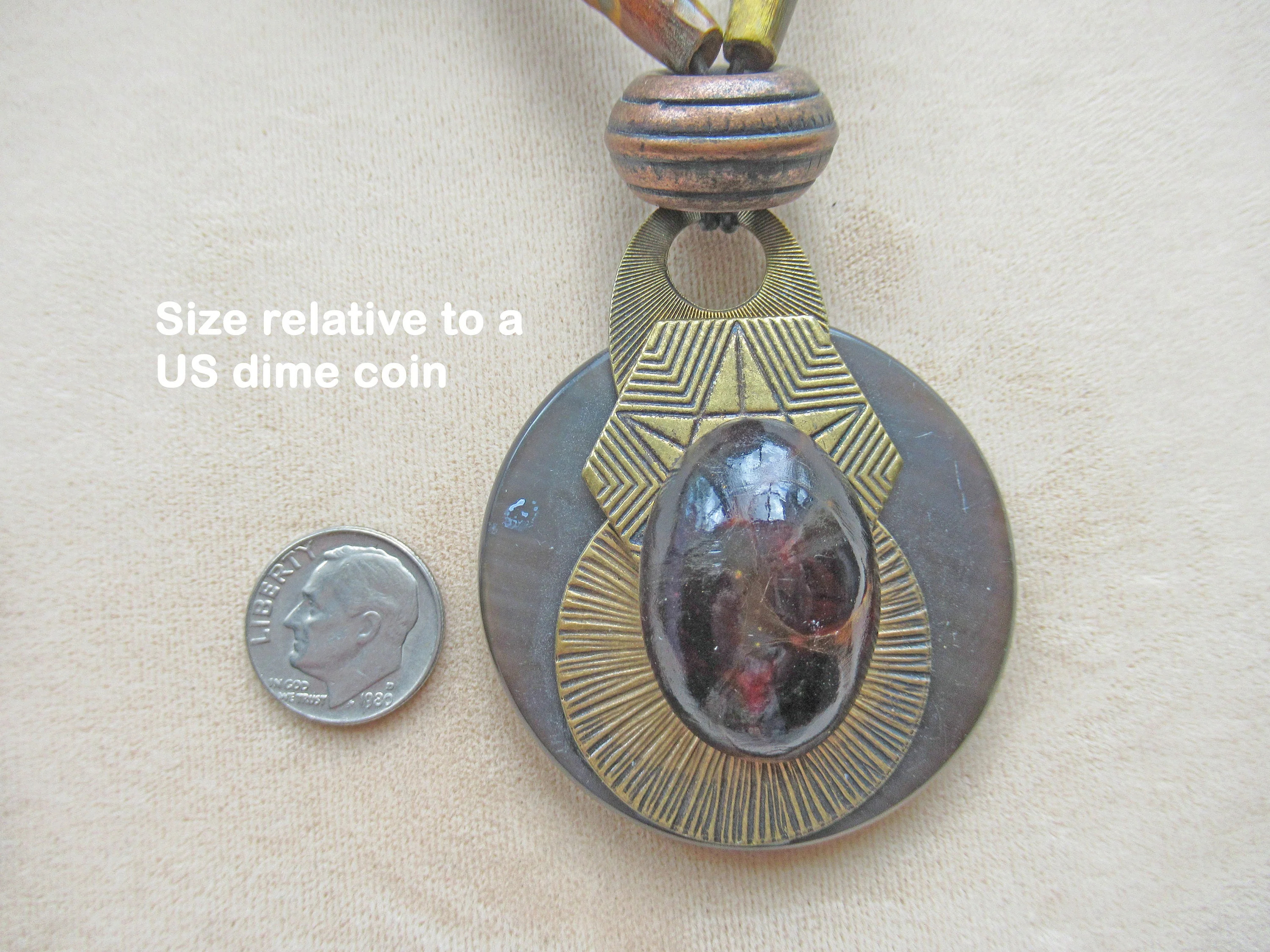Scarab Pendant Necklace Mix of Natural Glass and Metal Beads In Brown Tones Lobster Claw Back Clasp - Image 6