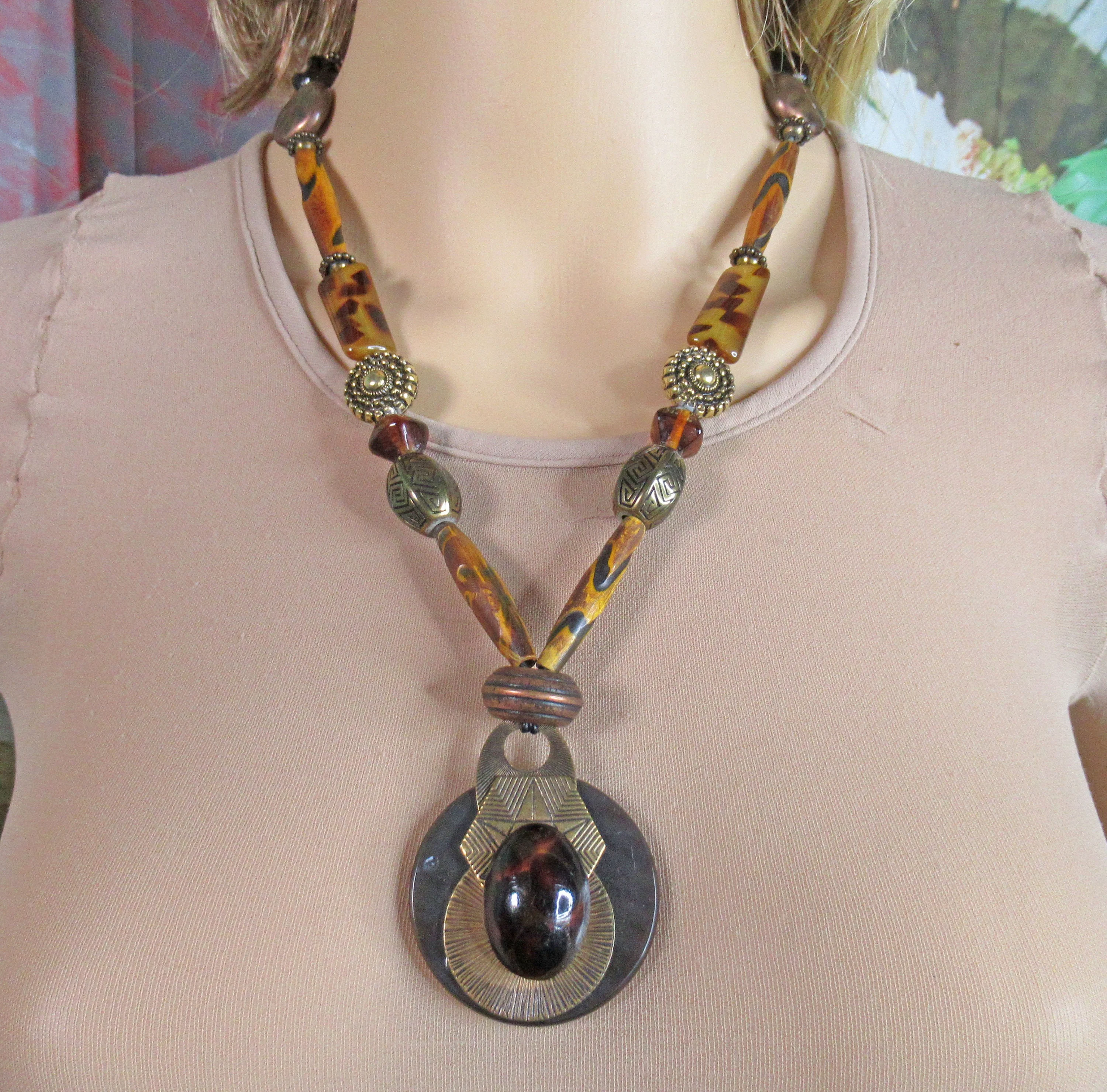 Scarab Pendant Necklace Mix of Natural Glass and Metal Beads In Brown Tones Lobster Claw Back Clasp - Image 7