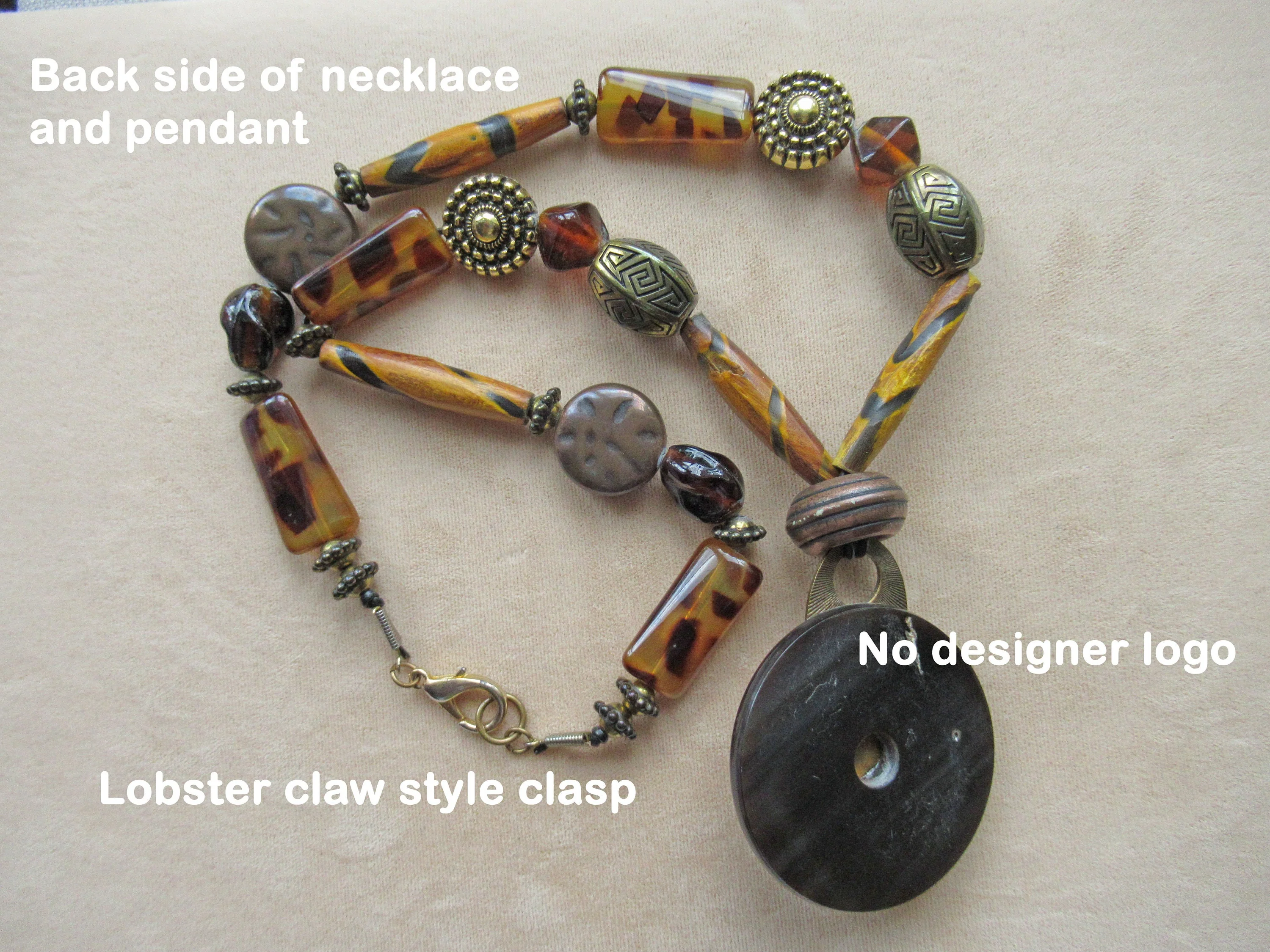 Scarab Pendant Necklace Mix of Natural Glass and Metal Beads In Brown Tones Lobster Claw Back Clasp - Image 8