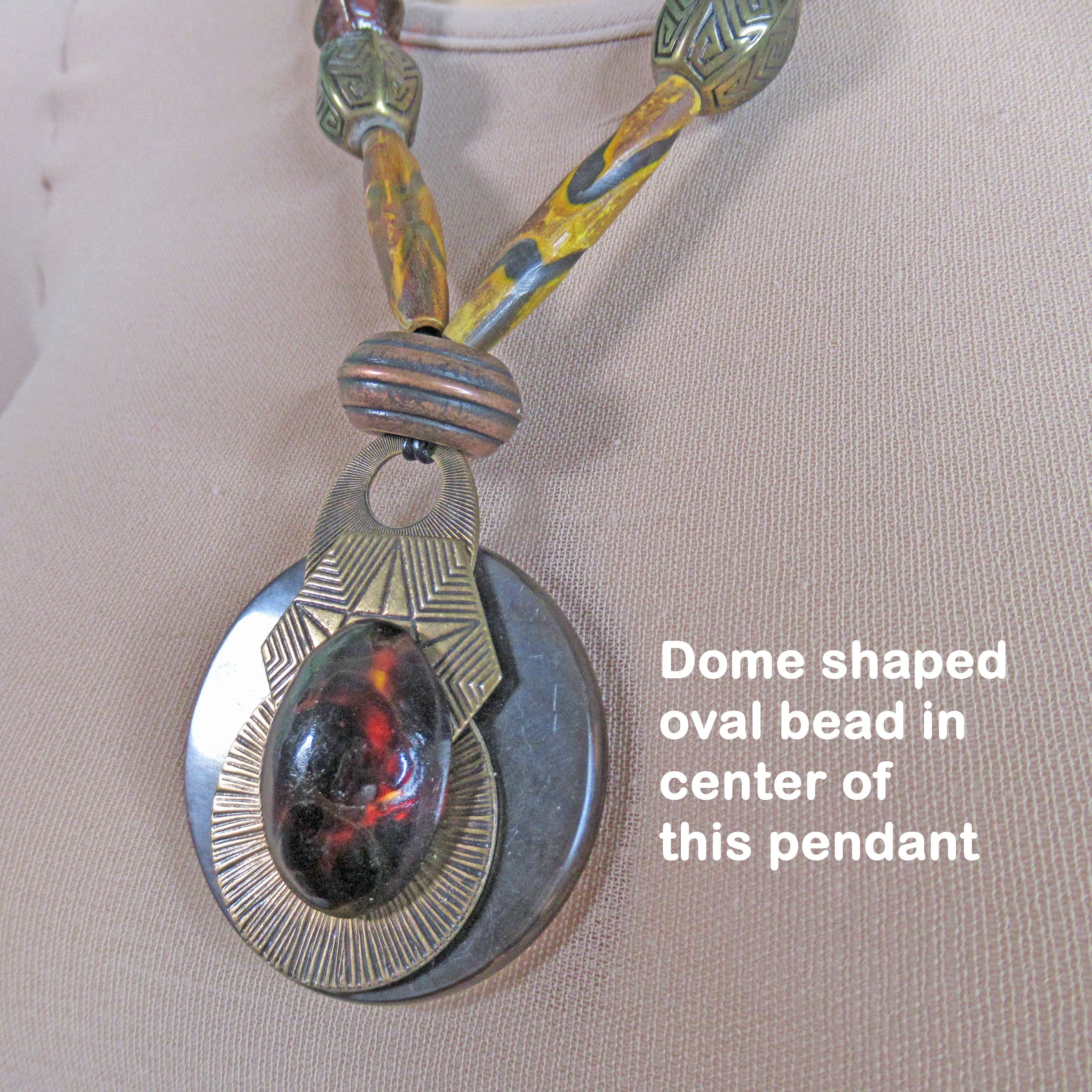 Scarab Pendant Necklace Mix of Natural Glass and Metal Beads In Brown Tones Lobster Claw Back Clasp - Image 9
