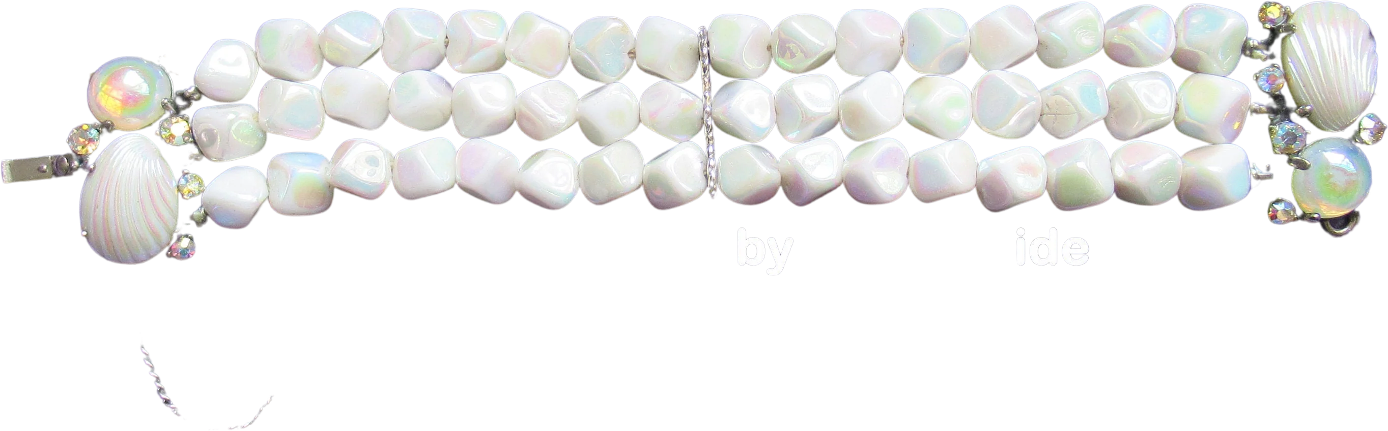 Schiaparelli Triple Strand Bracelet Double Signed Rare Vintage White Bumpy Bead Aurora Borealis and Prong Set Rhinestones 7 Es Long by Schiaparelli