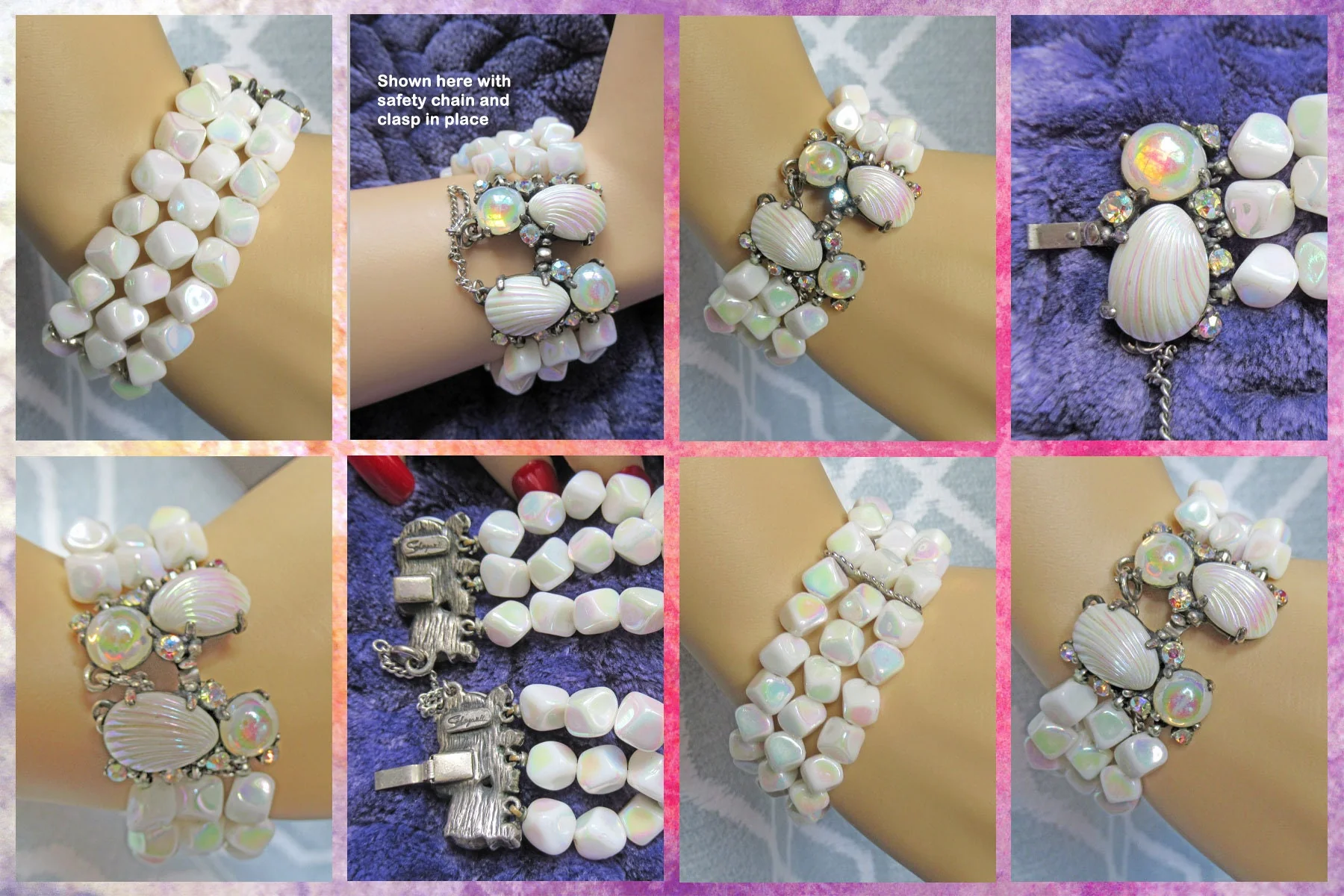 Schiaparelli Triple Strand Bracelet Double Signed Rare Vintage White Bumpy Bead Aurora Borealis and Prong Set Rhinestones 7 Es Long by Schiaparelli - Image 10