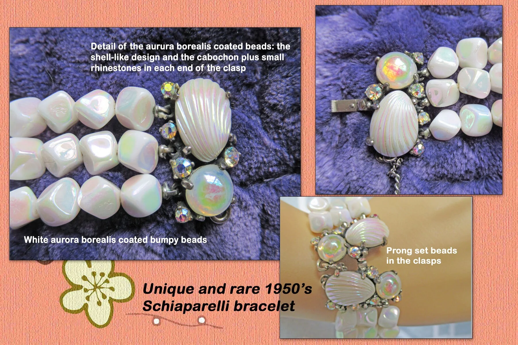 Schiaparelli Triple Strand Bracelet Double Signed Rare Vintage White Bumpy Bead Aurora Borealis and Prong Set Rhinestones 7 Es Long by Schiaparelli - Image 2