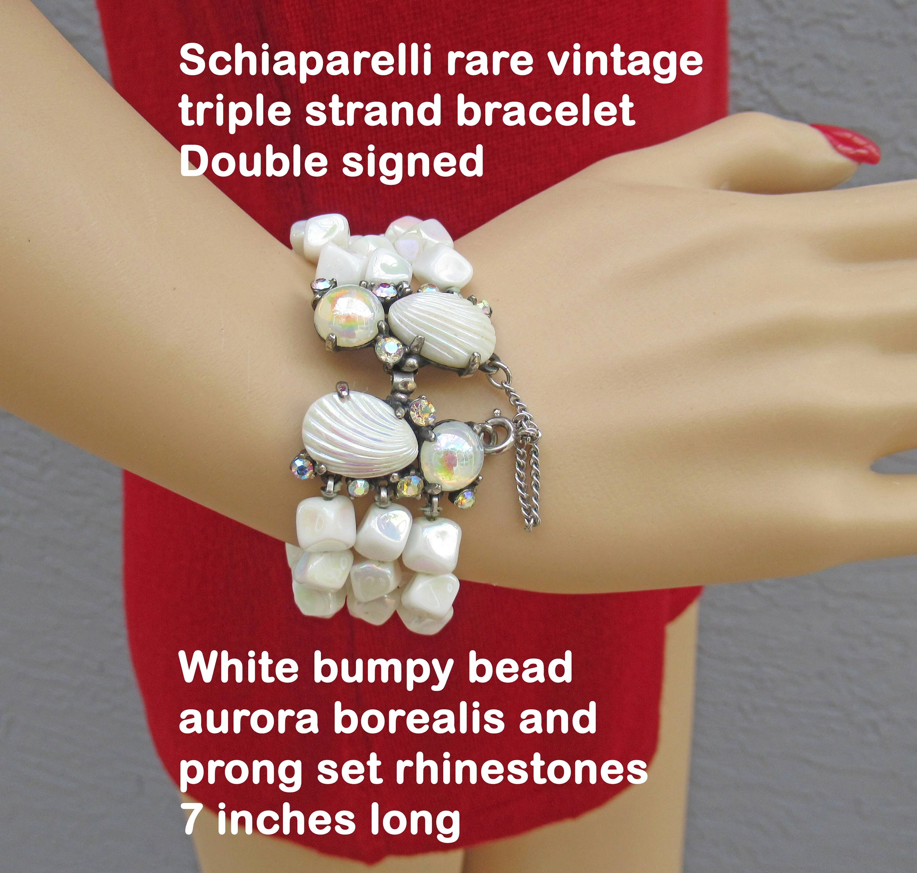 Schiaparelli Triple Strand Bracelet Double Signed Rare Vintage White Bumpy Bead Aurora Borealis and Prong Set Rhinestones 7 Es Long by Schiaparelli - Image 3