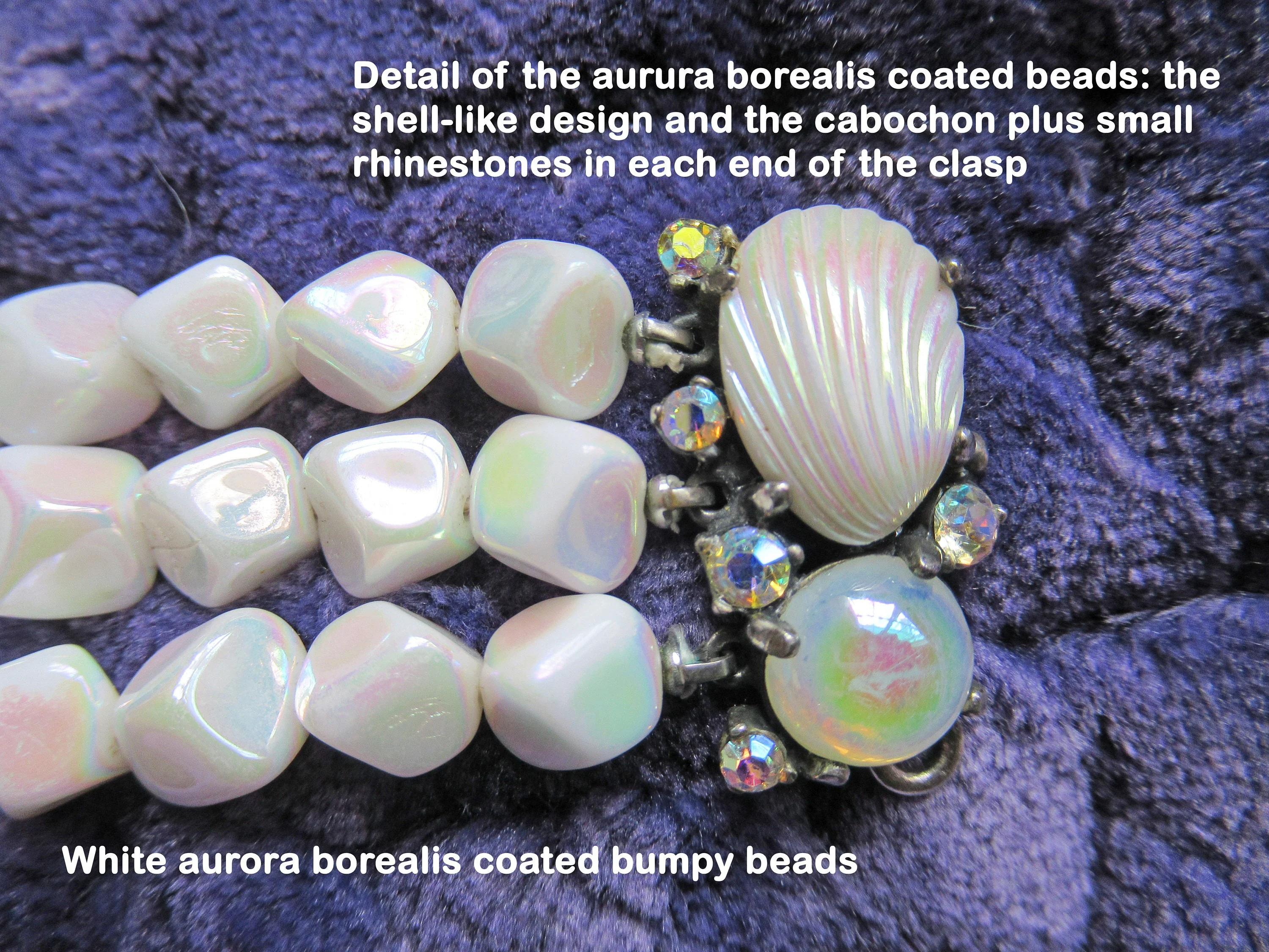 Schiaparelli Triple Strand Bracelet Double Signed Rare Vintage White Bumpy Bead Aurora Borealis and Prong Set Rhinestones 7 Es Long by Schiaparelli - Image 5