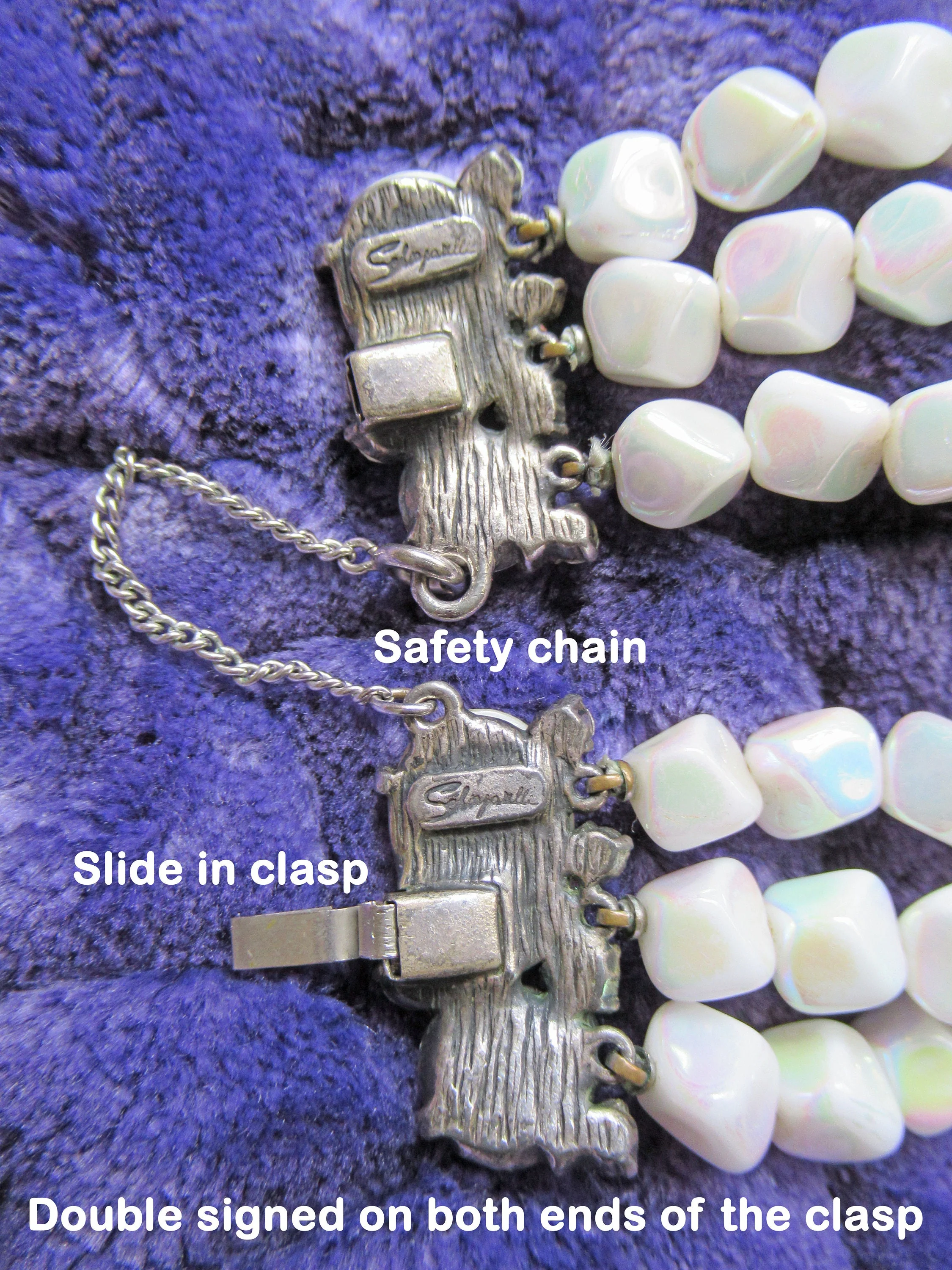 Schiaparelli Triple Strand Bracelet Double Signed Rare Vintage White Bumpy Bead Aurora Borealis and Prong Set Rhinestones 7 Es Long by Schiaparelli - Image 6