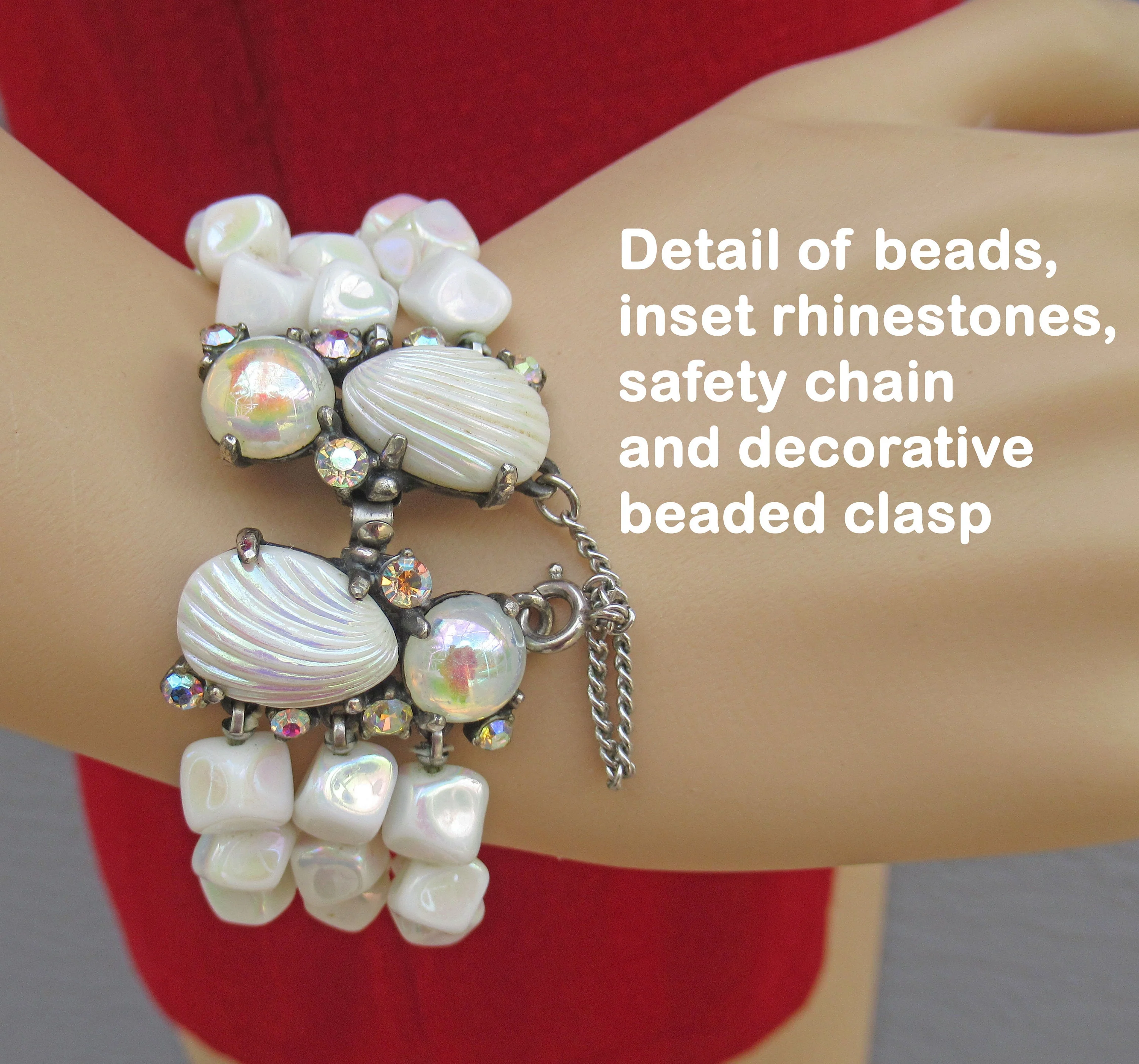 Schiaparelli Triple Strand Bracelet Double Signed Rare Vintage White Bumpy Bead Aurora Borealis and Prong Set Rhinestones 7 Es Long by Schiaparelli - Image 7