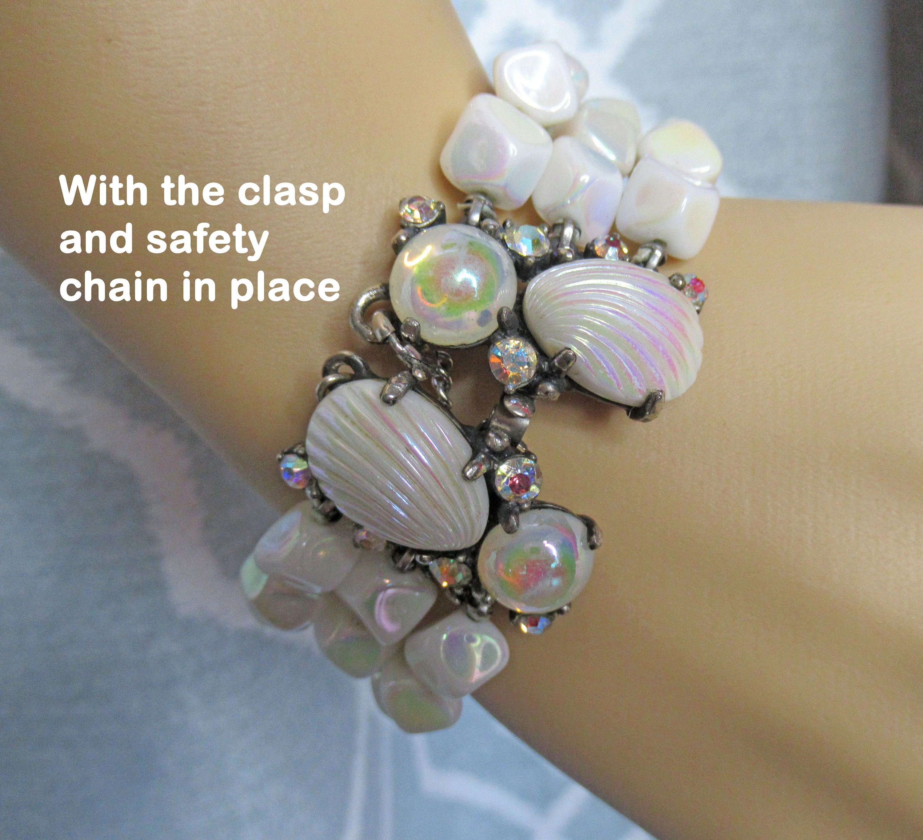 Schiaparelli Triple Strand Bracelet Double Signed Rare Vintage White Bumpy Bead Aurora Borealis and Prong Set Rhinestones 7 Es Long by Schiaparelli - Image 8
