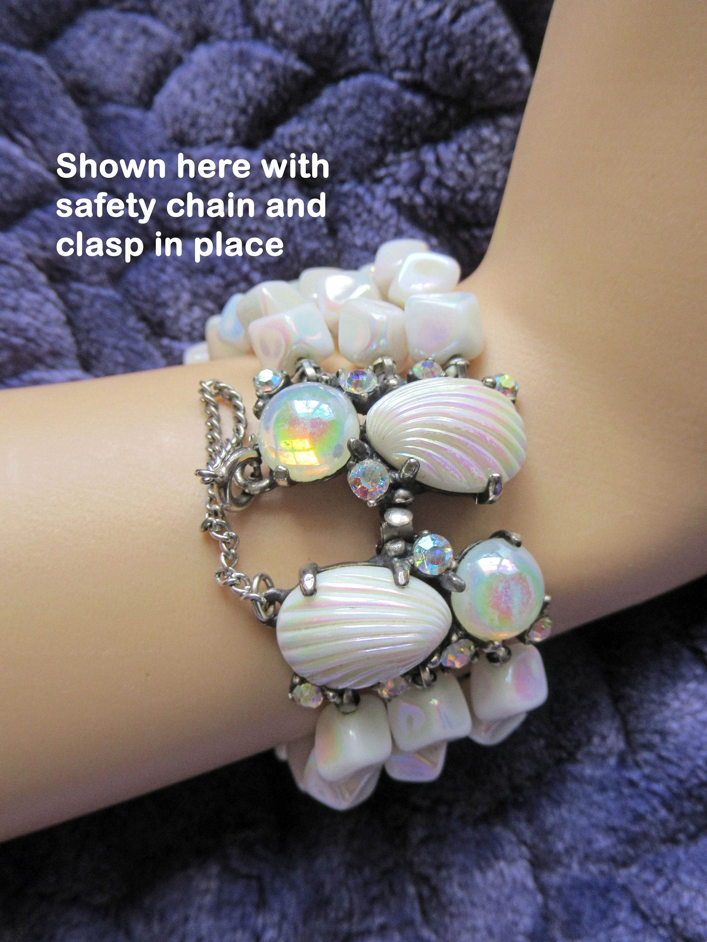 Schiaparelli Triple Strand Bracelet Double Signed Rare Vintage White Bumpy Bead Aurora Borealis and Prong Set Rhinestones 7 Es Long by Schiaparelli - Image 9
