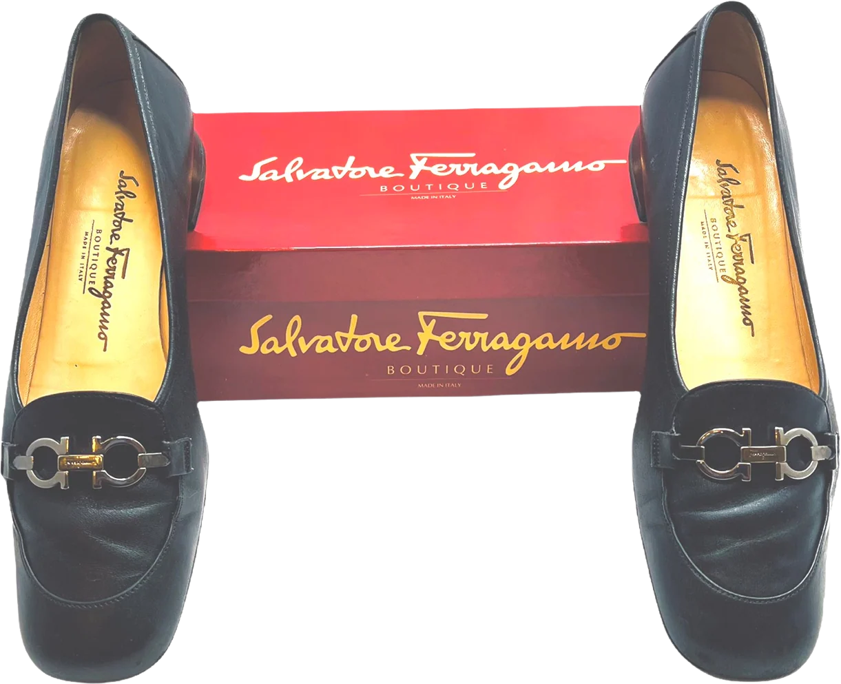 School Flats Womens Black Calf Leather Sz 9aa Sf Silver Logo by Salvatore Ferragamo - Image 2