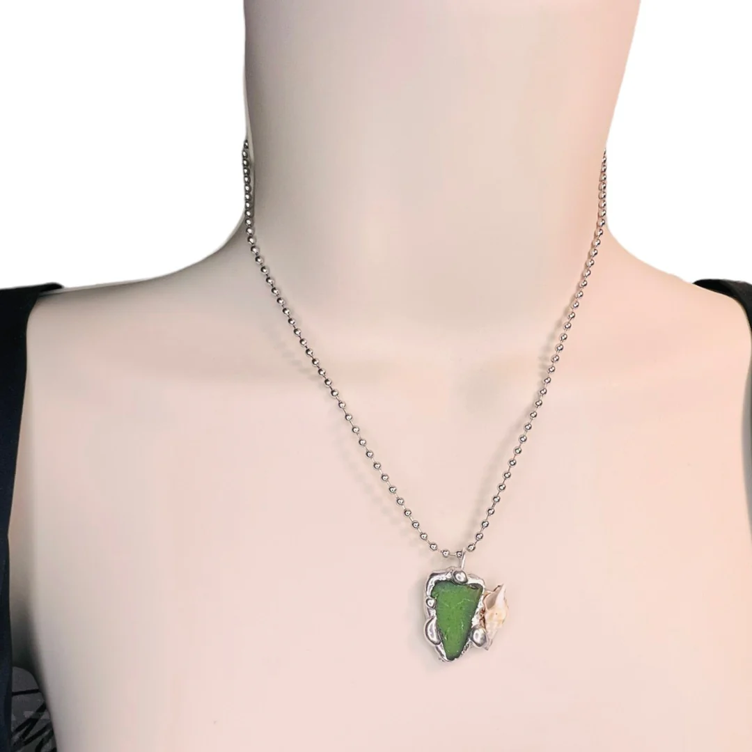 Sea Glass and Seashell Pendant Handcrafted with a Tiffany Method Solder Handmade - Image 2