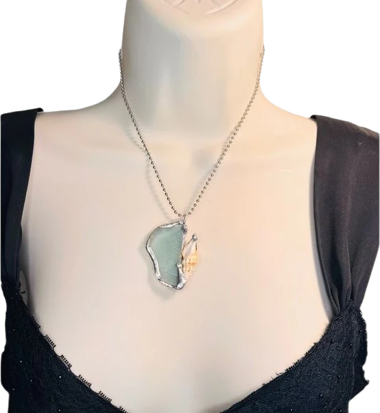 Sea Glass and Seashell Pendant Handcrafted with Atiffany Method Solder Handmade