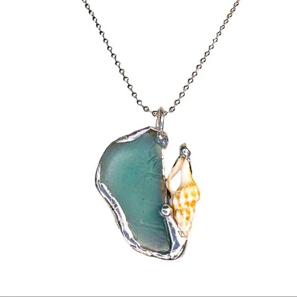 Sea Glass and Seashell Pendant Handcrafted with Atiffany Method Solder Handmade - Image 2