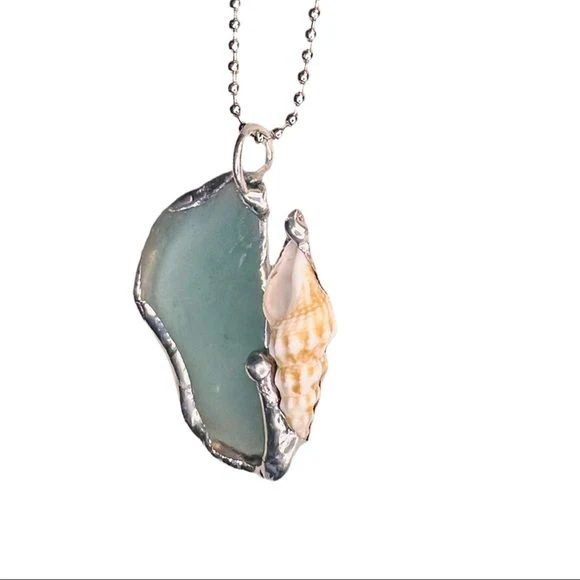 Sea Glass and Seashell Pendant Handcrafted with Atiffany Method Solder Handmade - Image 3
