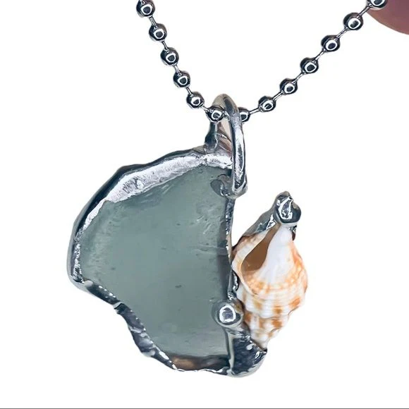 Sea Glass and Seashell Pendant Handcrafted with Atiffany Method Solder Handmade - Image 5