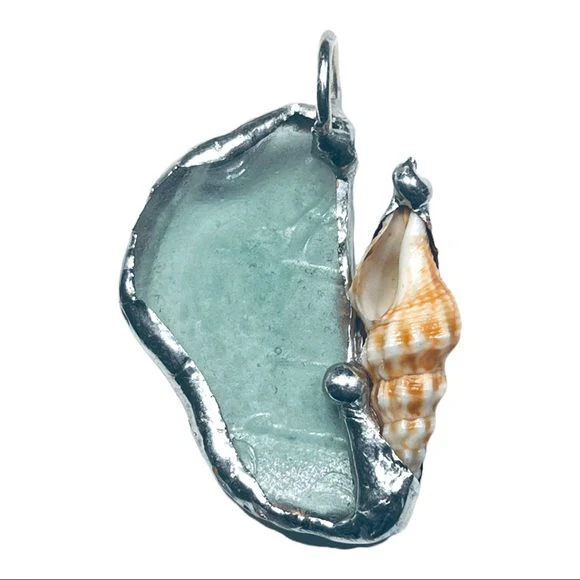 Sea Glass and Seashell Pendant Handcrafted with Atiffany Method Solder Handmade - Image 9
