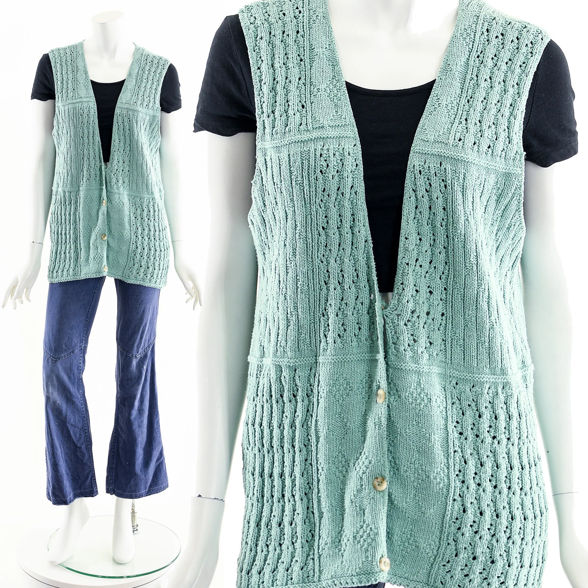 Sea Green Crochet Knit Cardigan Vest - Image 2