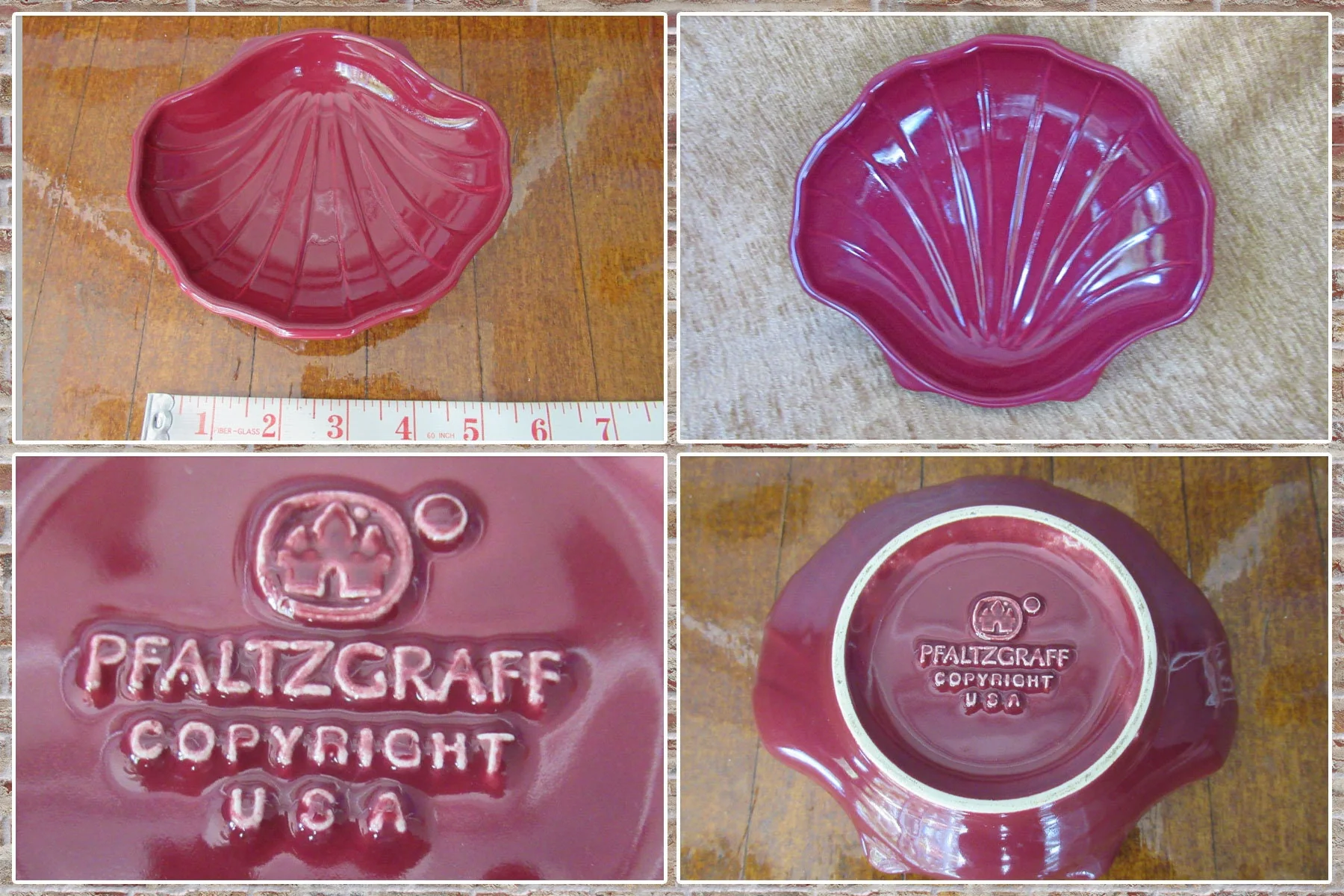 Seashell Shape Trinket Dish 5 by 5 and 1/2 by 1 and 1/4 Inches Deep Made In Usa Copyright Design Dark Burgundy Color Vtg by Pfaltzgraff - Image 7