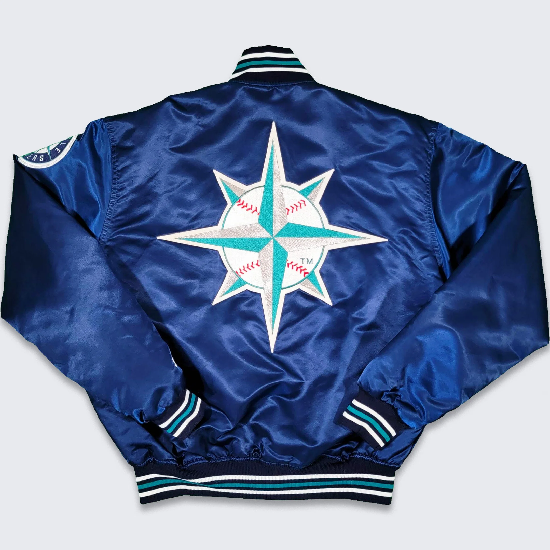 Seattle Mariners Vintage 90s Starter Satin Bomber Jacket Mlb Baseball Navy Blue Coat Men's Size Large by Starter - Image 4