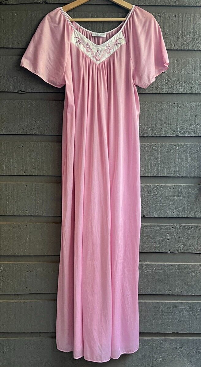 90s Long Pink Mauve Satin Nylon Nightgown Usa One Size By Secret Accents - Image 3