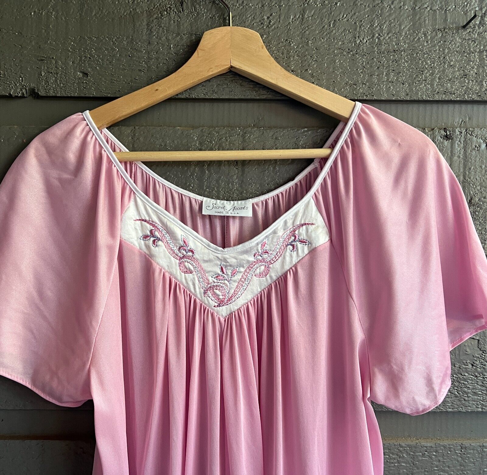 90s Long Pink Mauve Satin Nylon Nightgown Usa One Size By Secret Accents - Image 4
