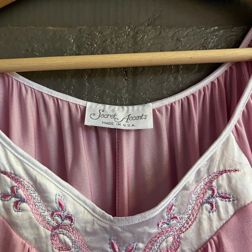 90s Long Pink Mauve Satin Nylon Nightgown Usa One Size By Secret Accents - Image 6