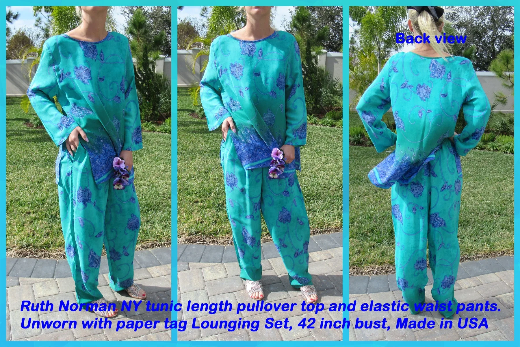 Set 42 Bust Tunic Length Pullover and Elastic Waist Pants Unworn Casual Chic Set Floral Green/purple Rayon Made In Usa Vtg by Ruth Norman NY - Image 2