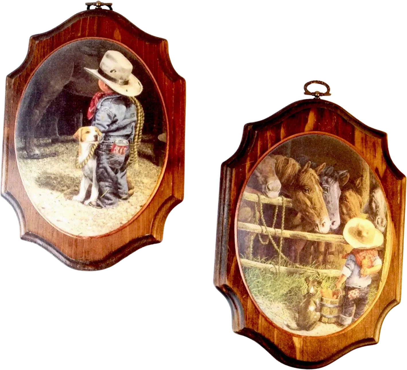 Set of 2 Beaded Glass Wall Plaques of Cowboy Children by Cindy &amp; Mike Rust